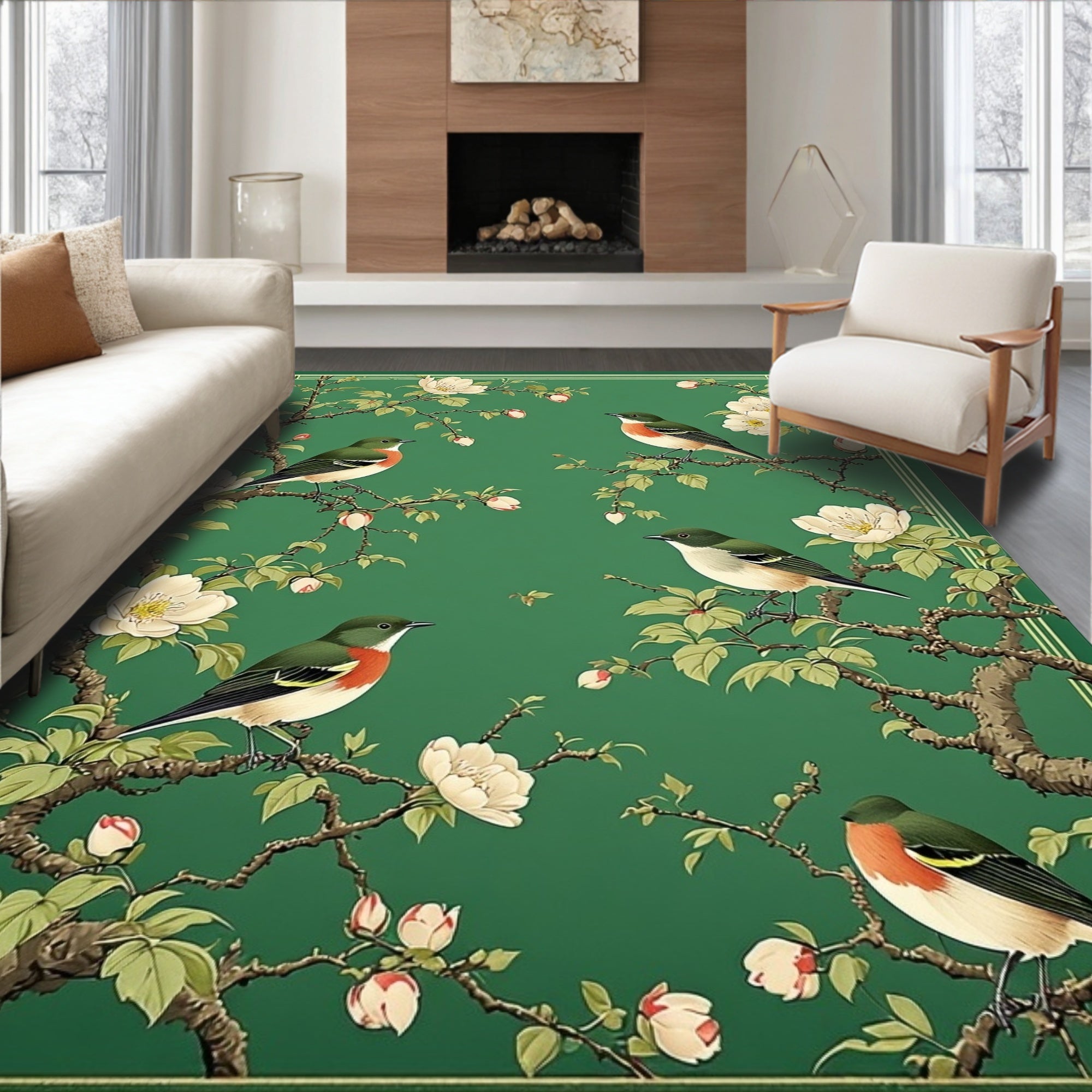 Emerald Bird Blossom Nature Pattern Rug