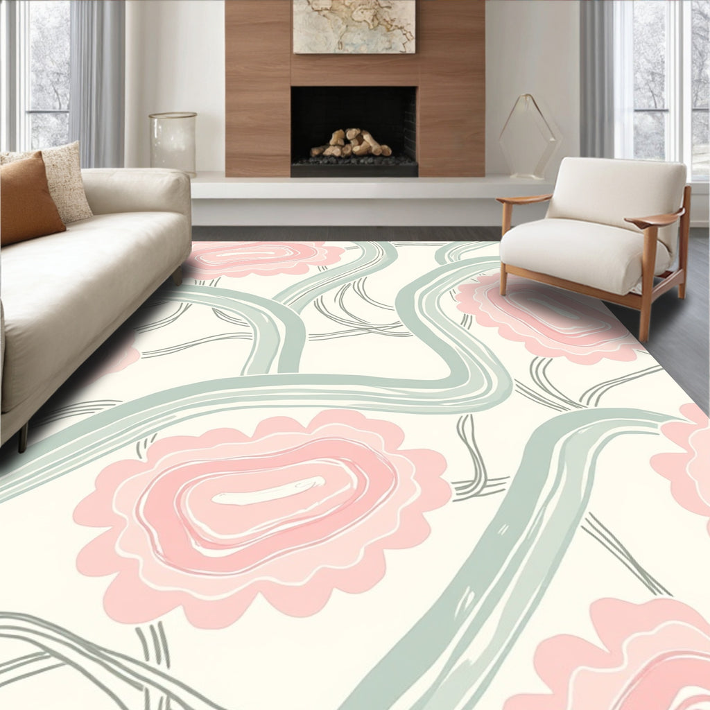 Abstract Blossom Swirls Pink Green Design Rug