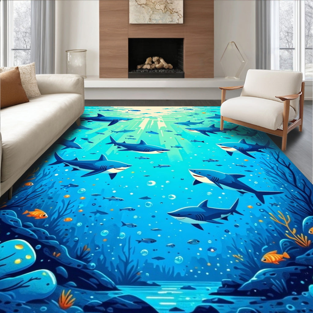 Sharks And Fish Underwater Ocean Scene Rug