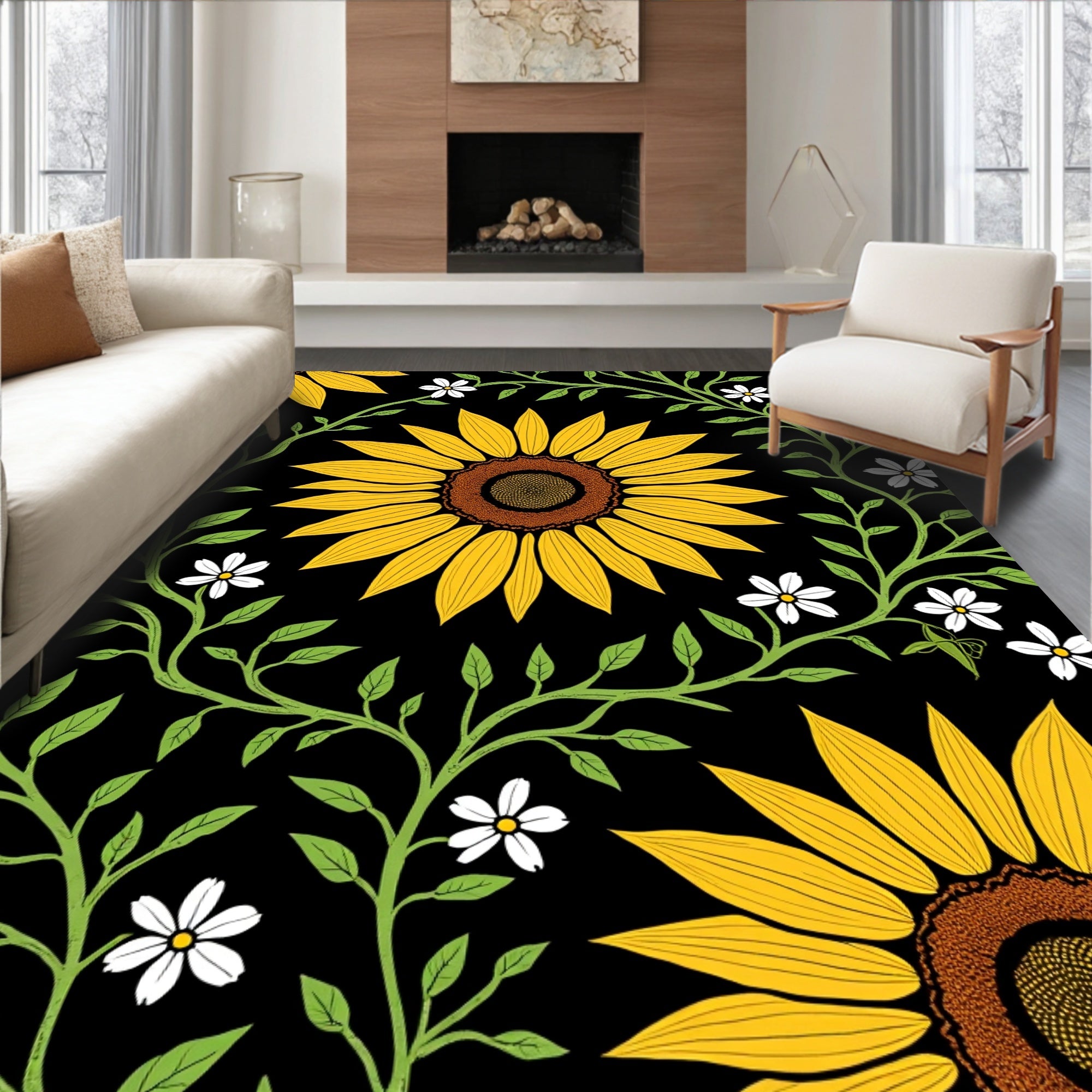 Sunflower Vine Black Pattern Rug