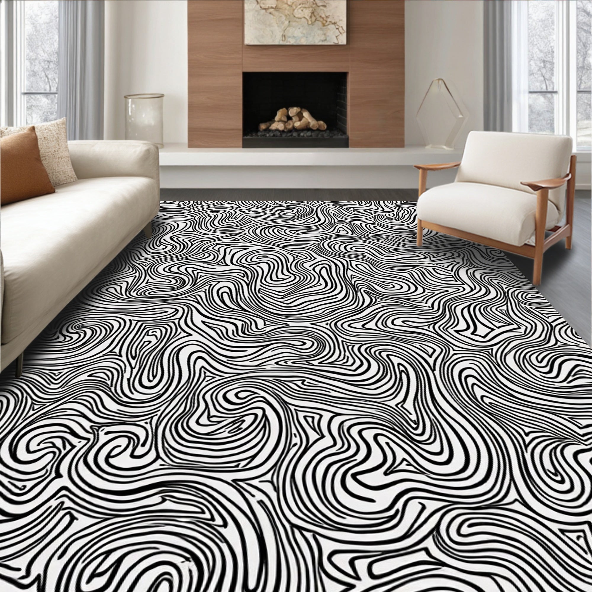 Trippy Black White Wavy Lines Rug