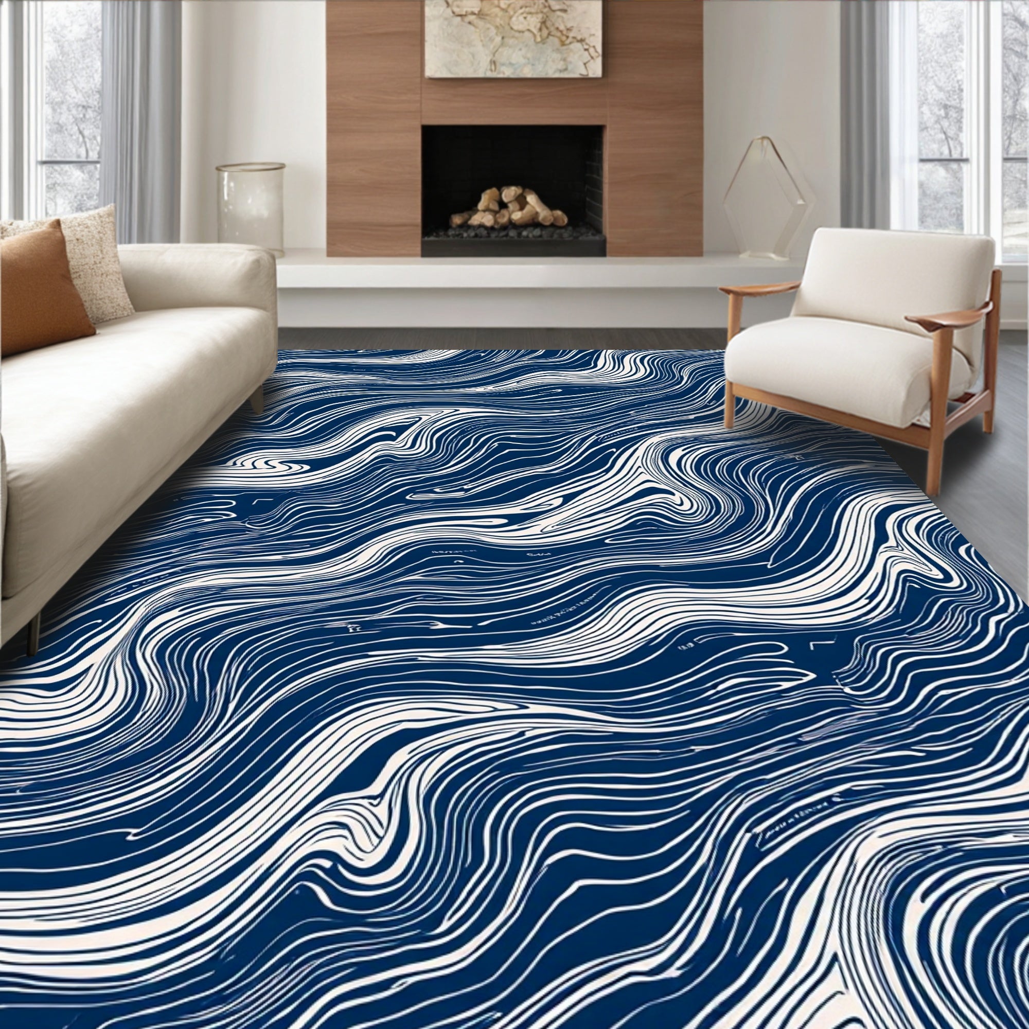 Naval Blue Swirl Wave Pattern Rug