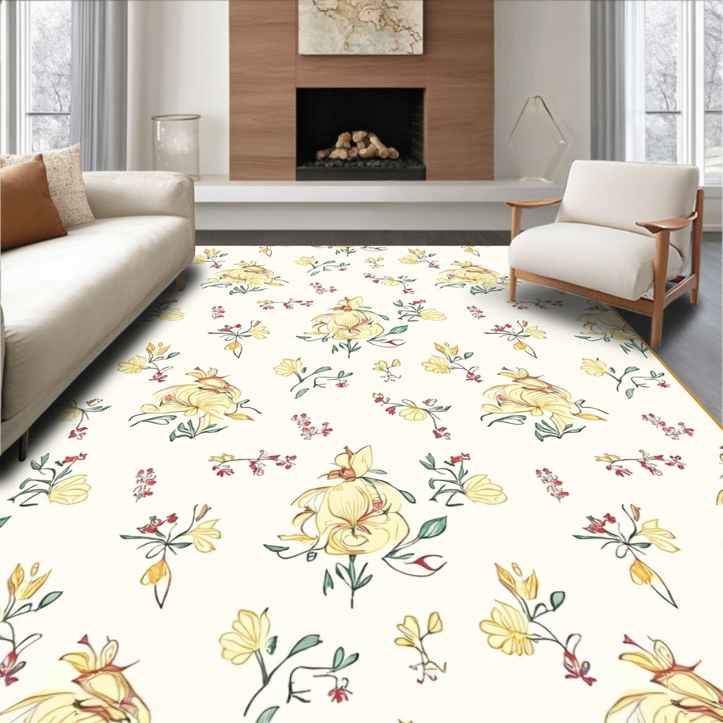 Delicate Yellow Floral Whimsical Pattern Rug