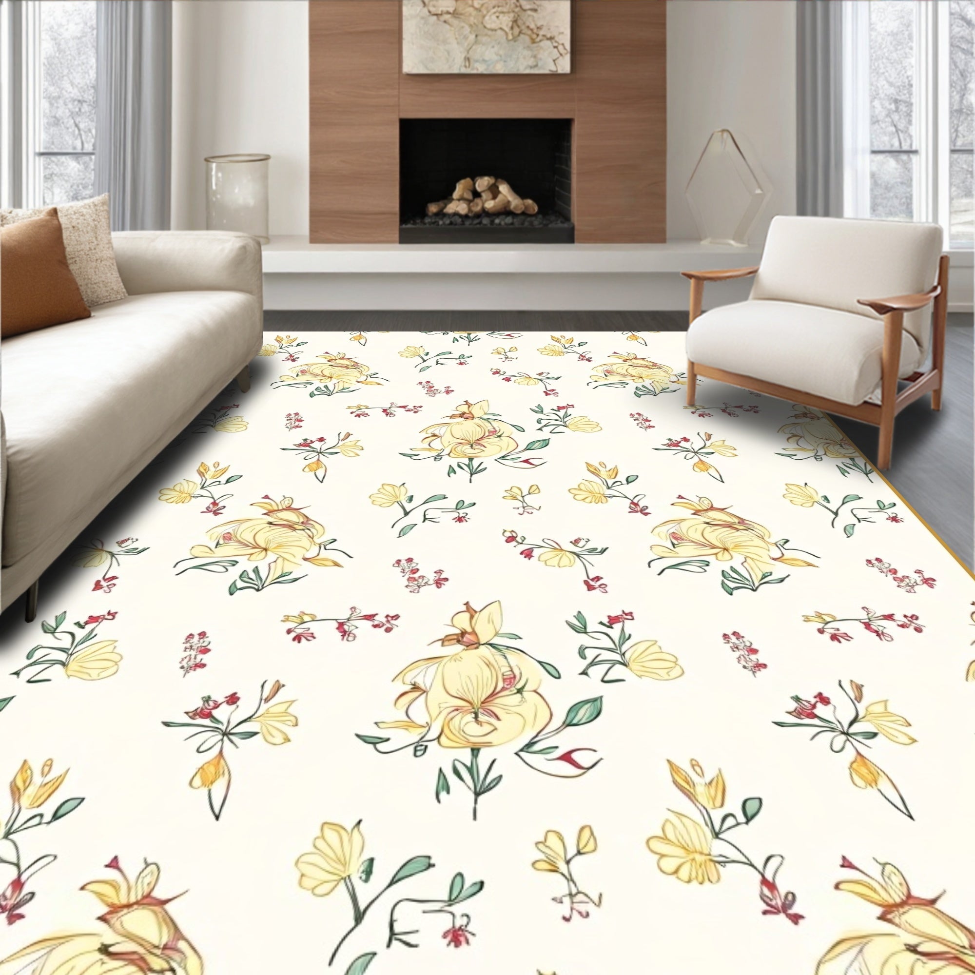 Delicate Yellow Floral Whimsical Pattern Rug