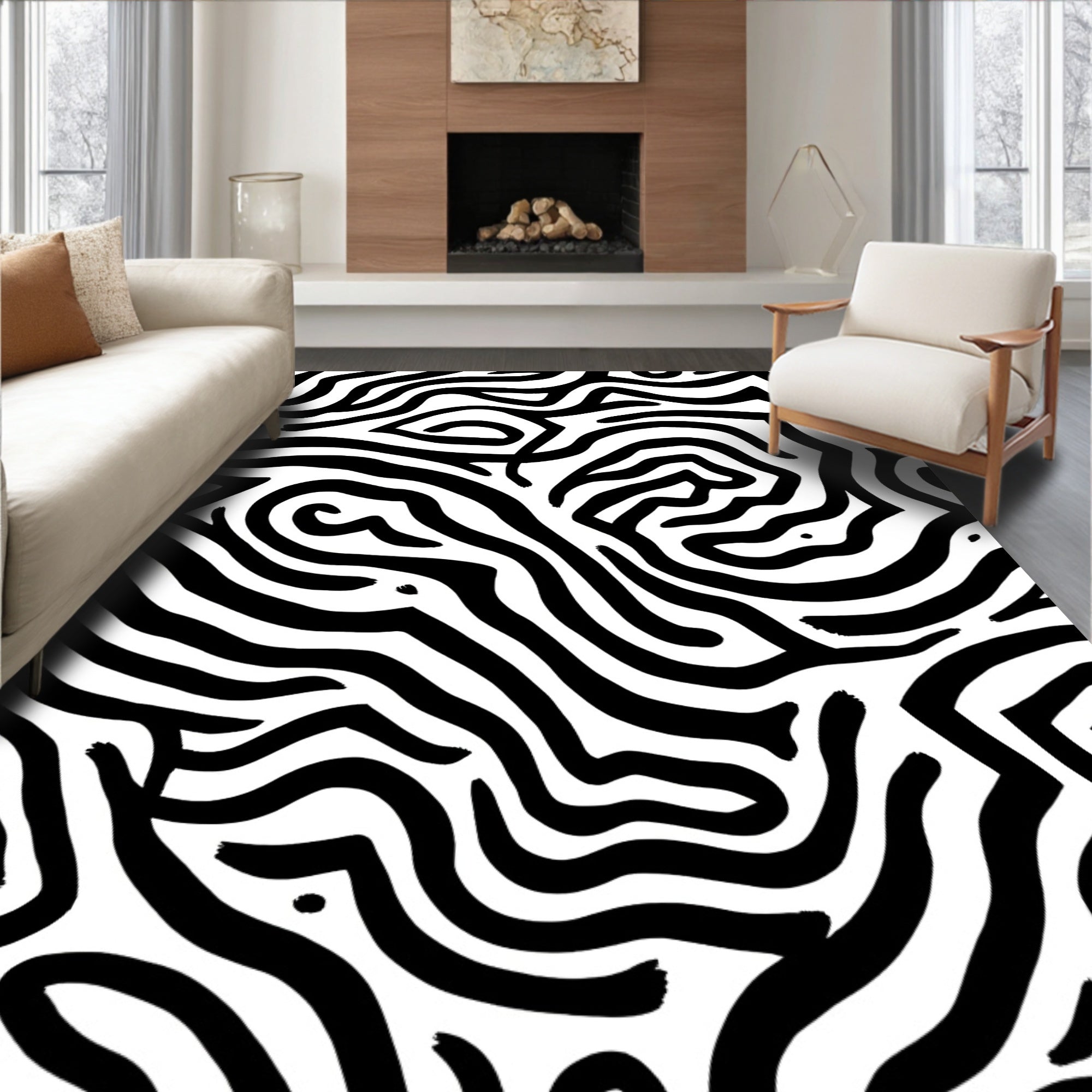 Bold Black White Abstract Lines Rug