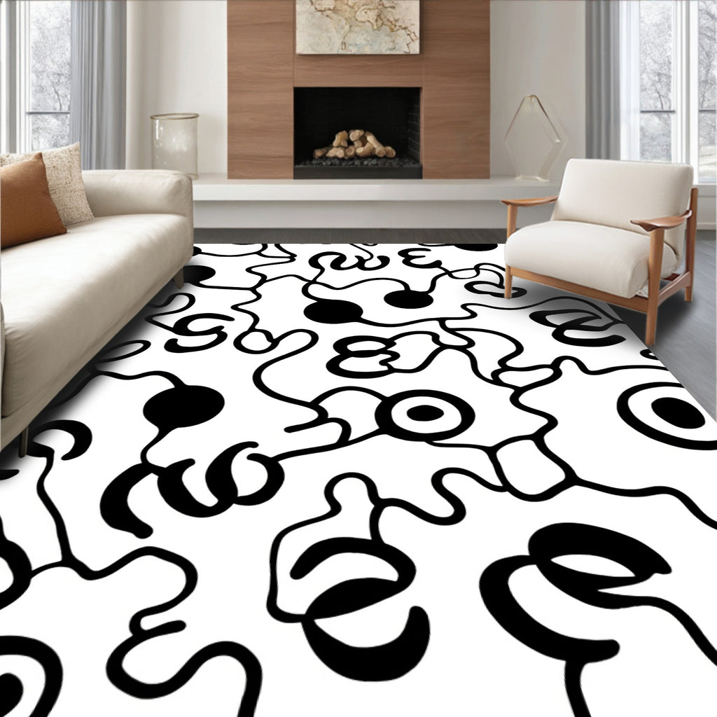 Abstract Black White Organic Swirls Design Rug