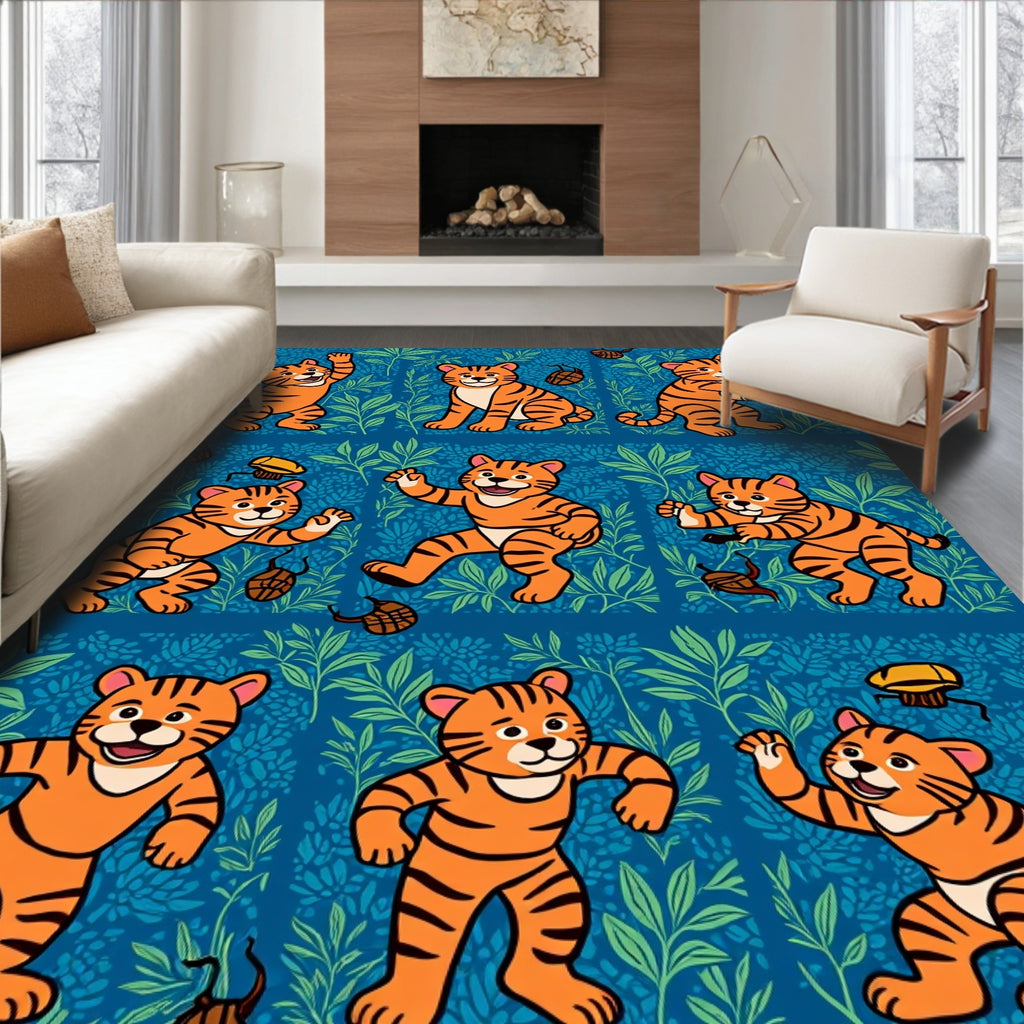 Whimsical Tiger Pattern With Greenery Rug