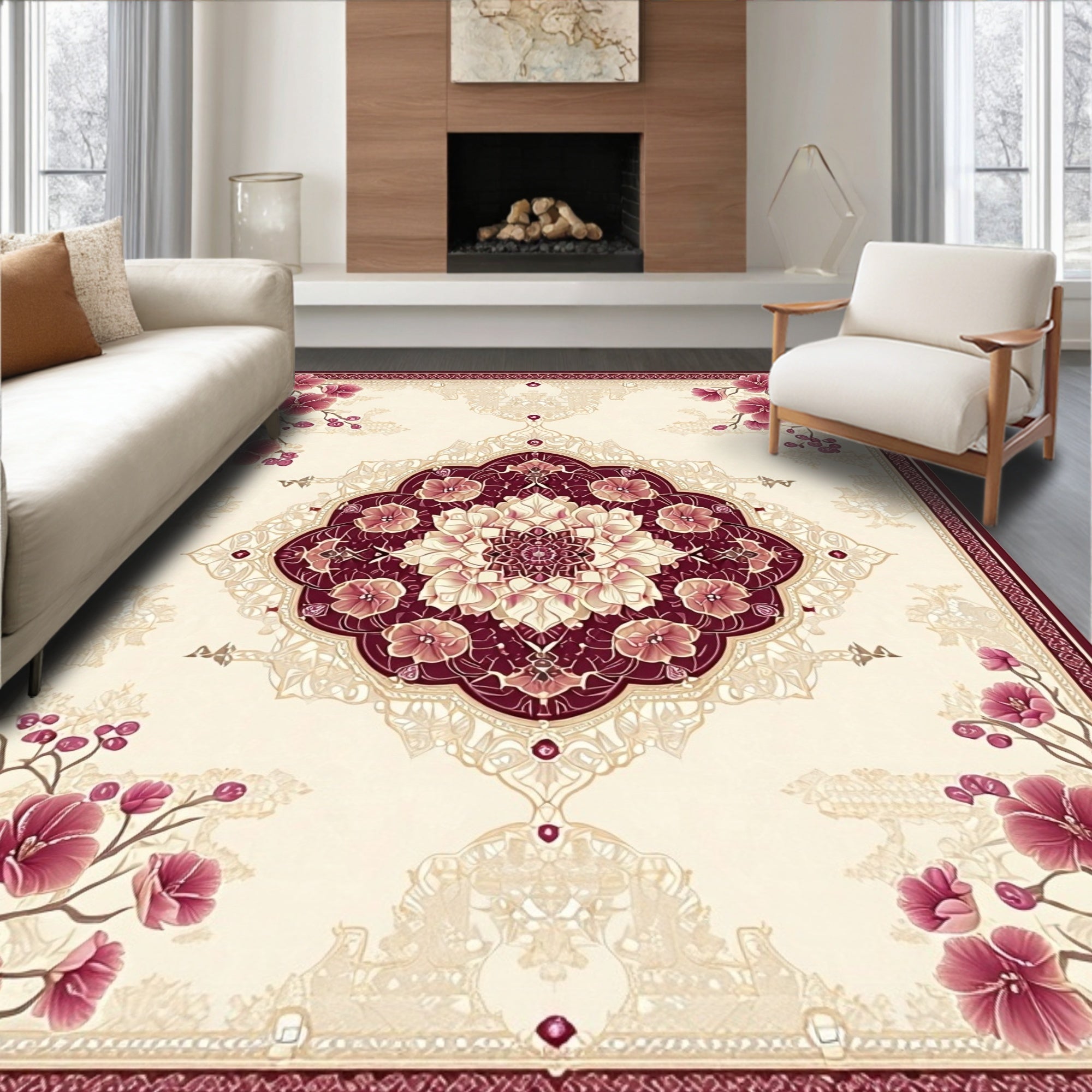Ornate Floral Medallion Cream Rug