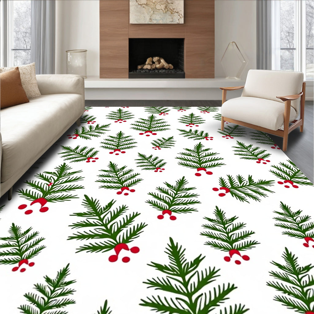 Whimsical Green Fir Sprigs Red Berries Rug