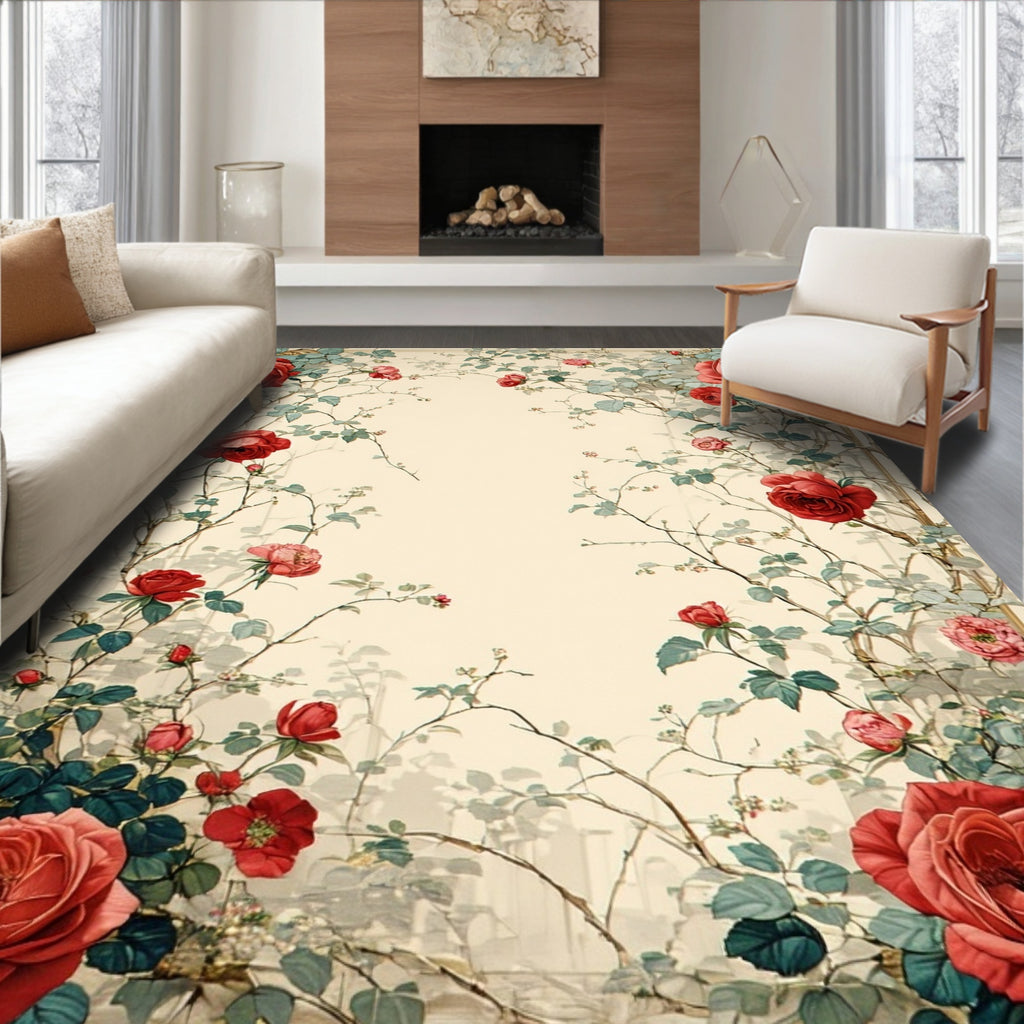 Vintage Red Rose Floral Design Rug