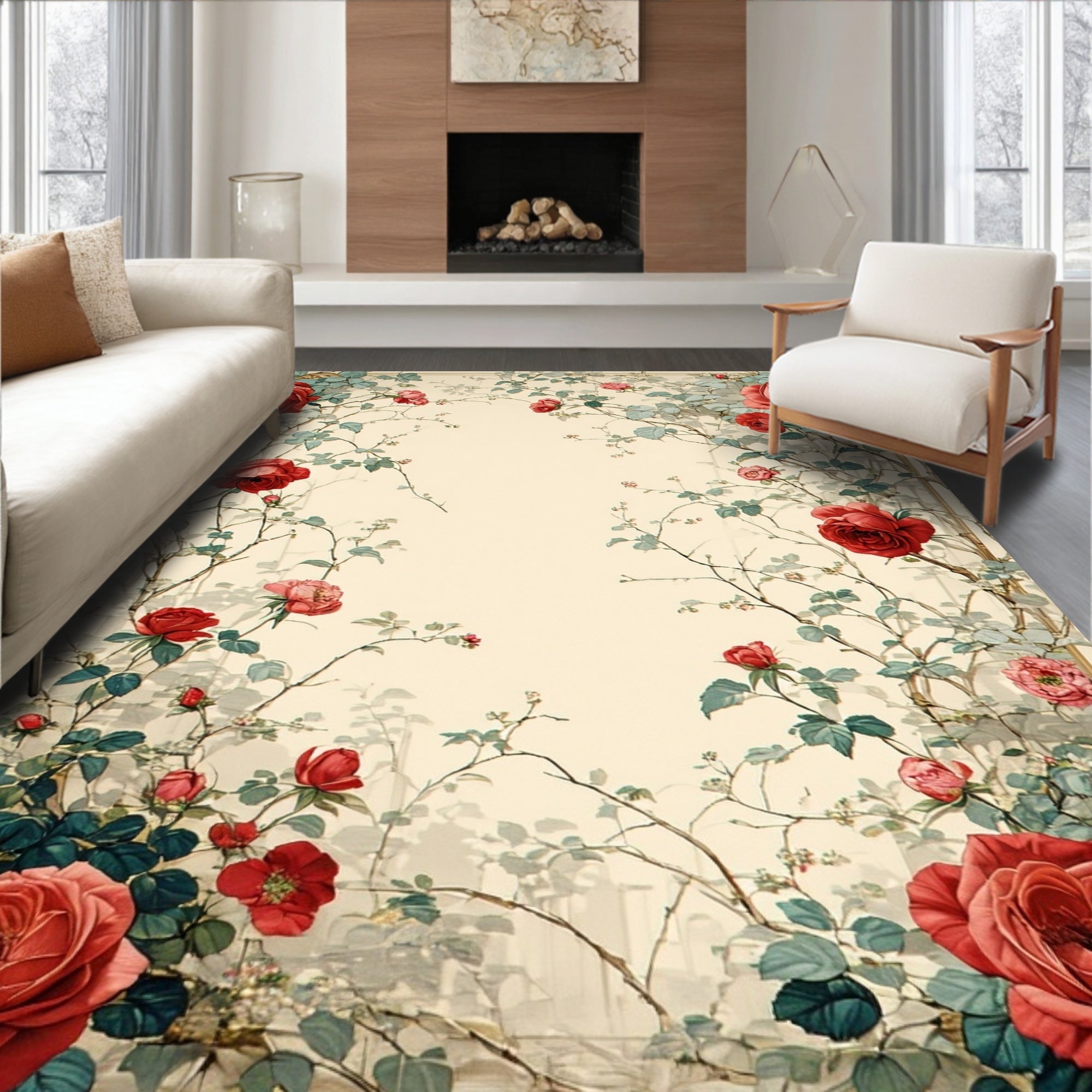 Vintage Red Rose Floral Design Rug