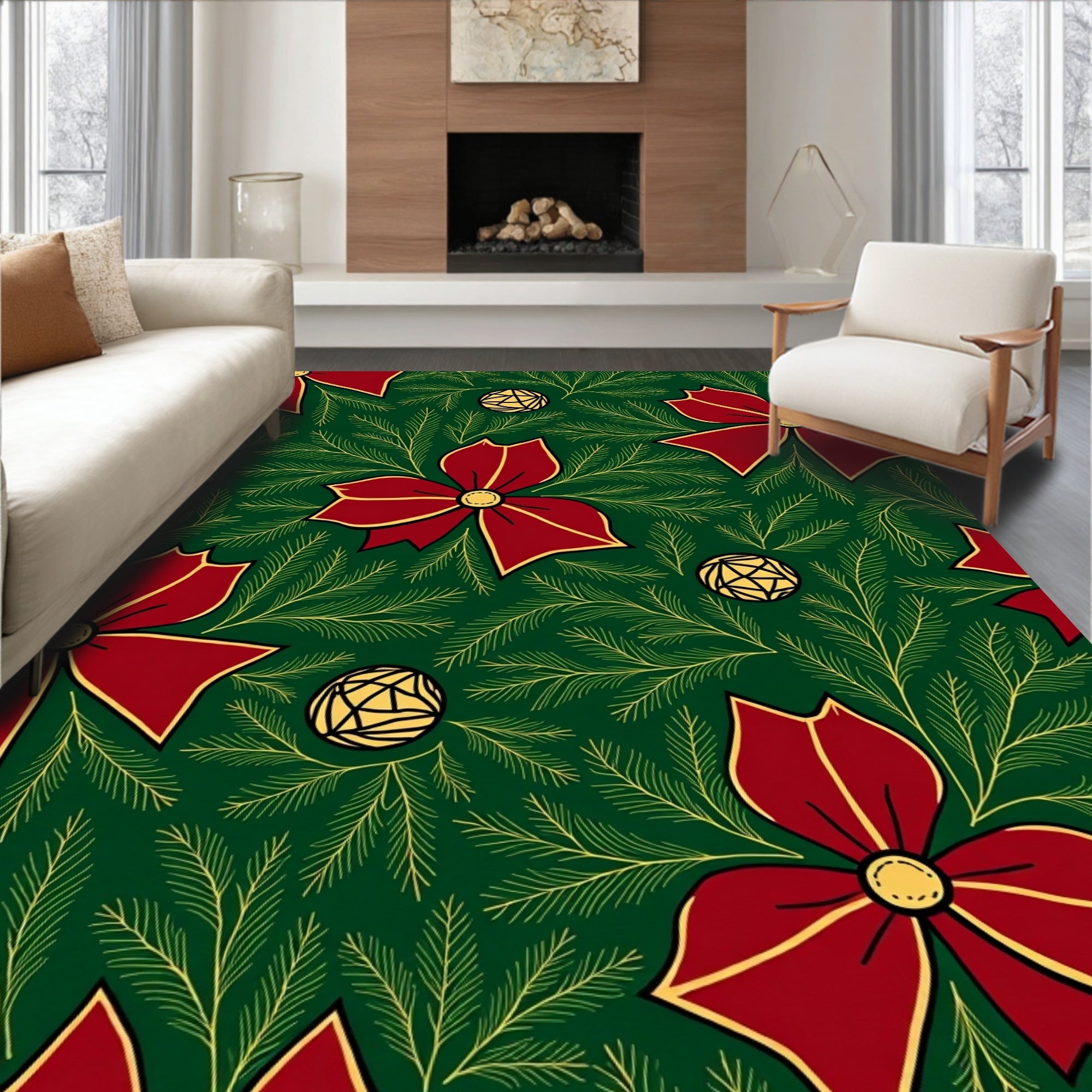 Red Bow Fir Branch Ornament Rug