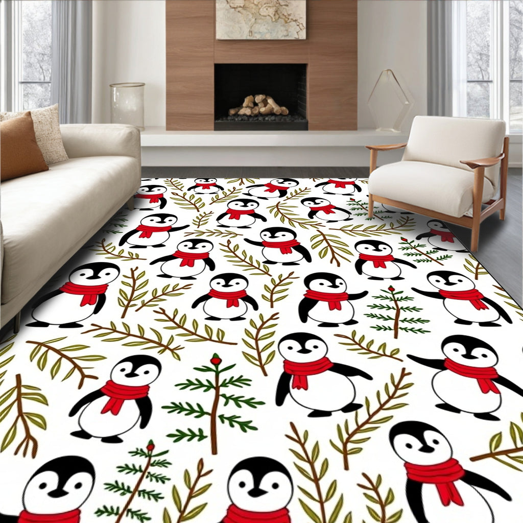 Cute Red Scarf Penguin Winter Branches Rug