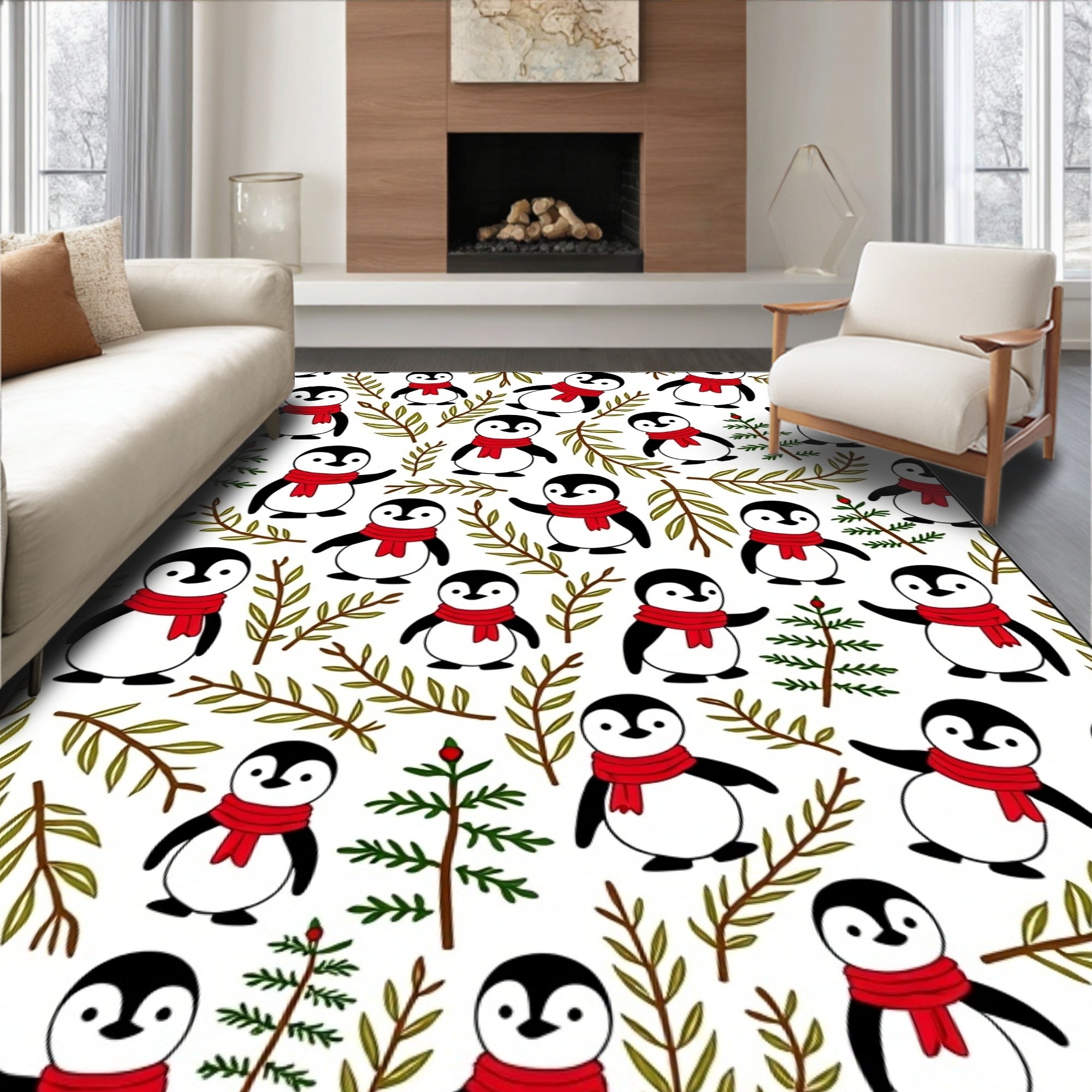 Cute Red Scarf Penguin Winter Branches Rug