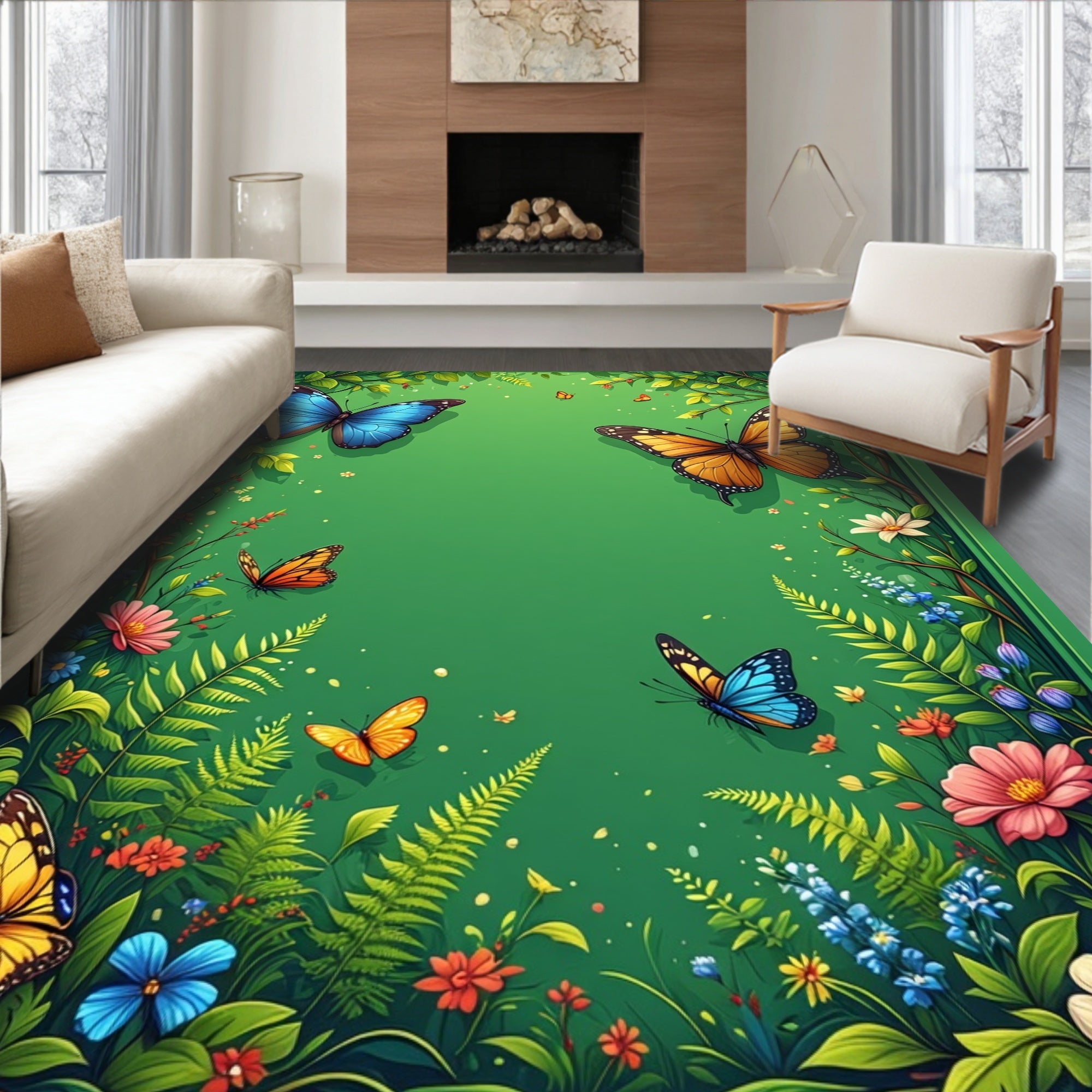 Vibrant Butterfly Garden Nature Pattern Rug