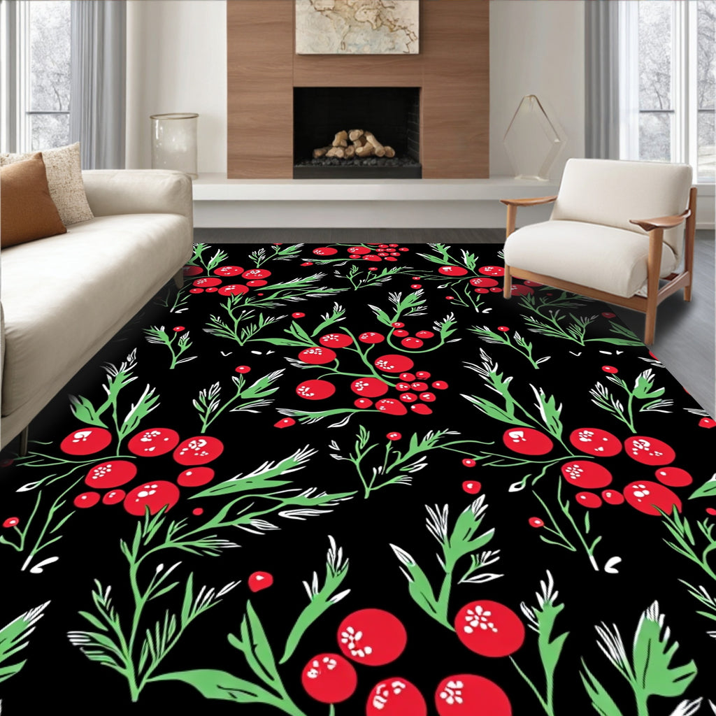 Red Berry Botanical Black Rug