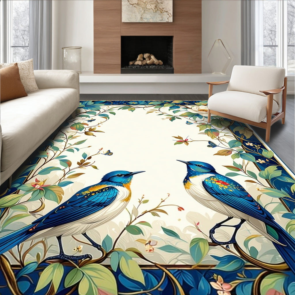 Blue Birds Botanical Floral Frame Rug
