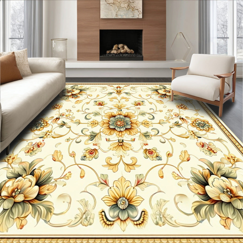 Ornate Floral Pattern Cream Gold Rug