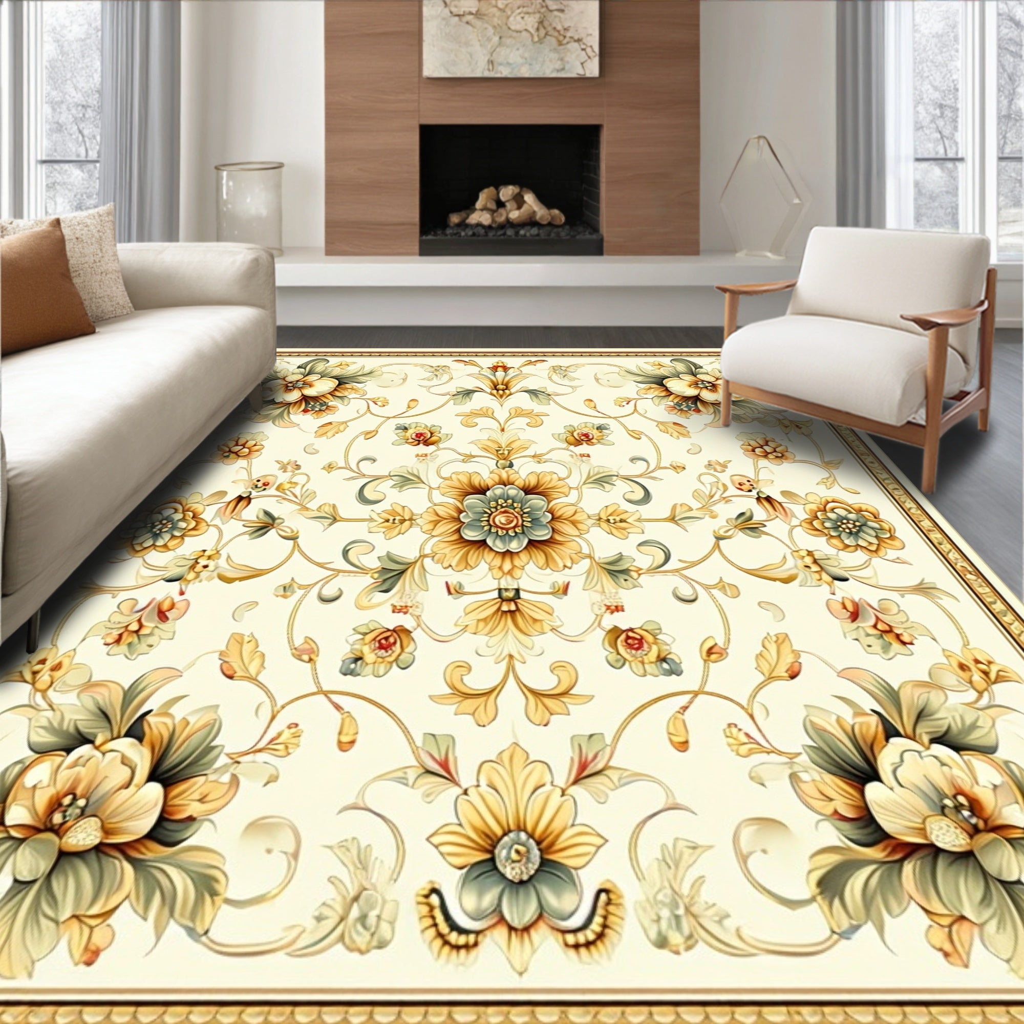 Ornate Floral Pattern Cream Gold Rug