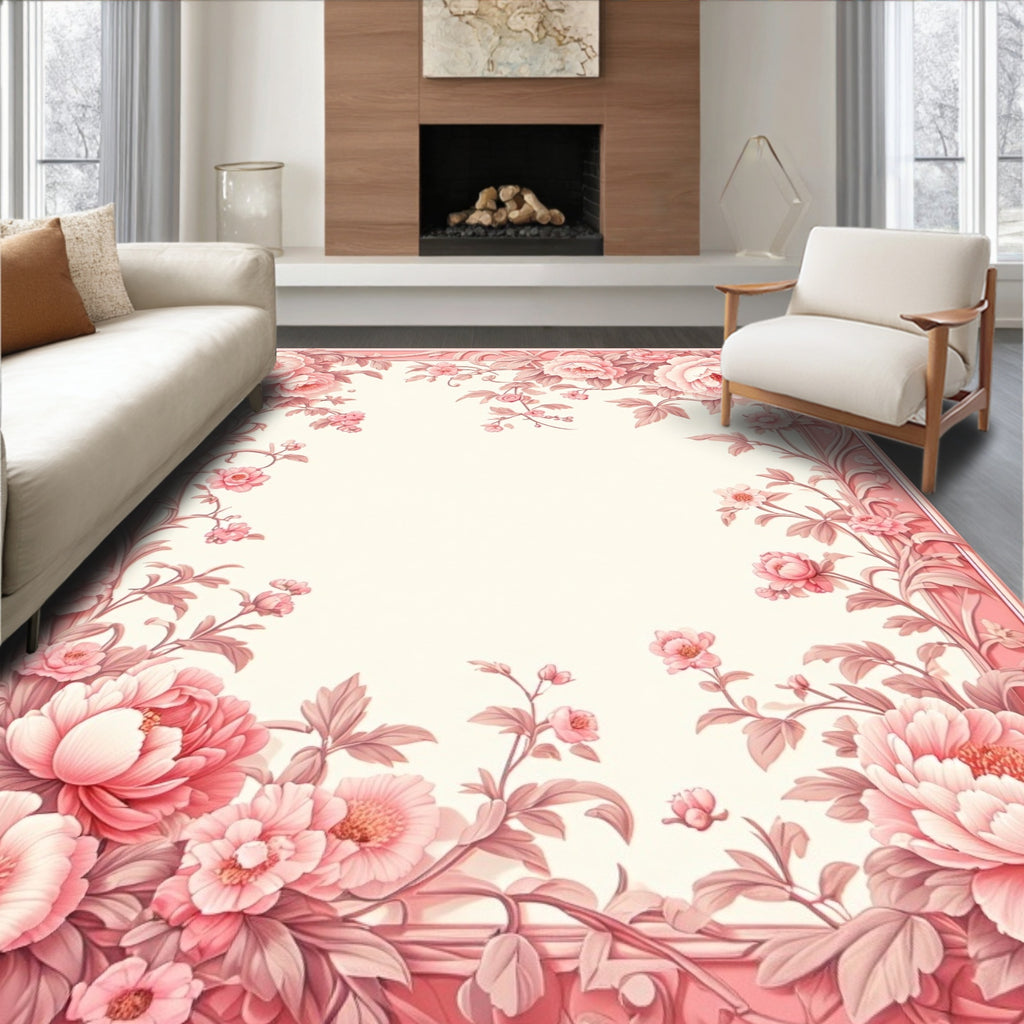Pink Floral Garden Frame Rug