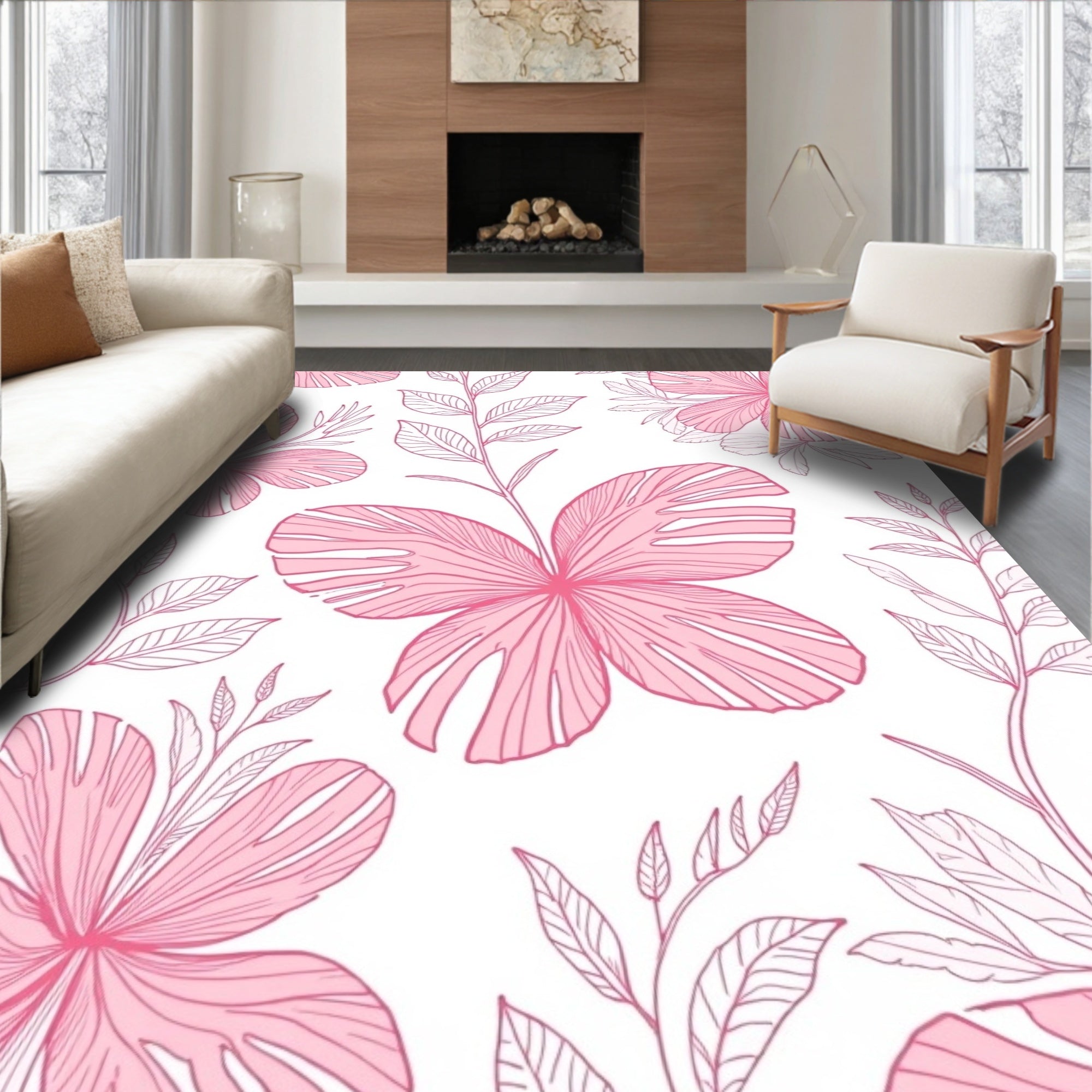 Pink Floral Sketchy Pattern Design Rug