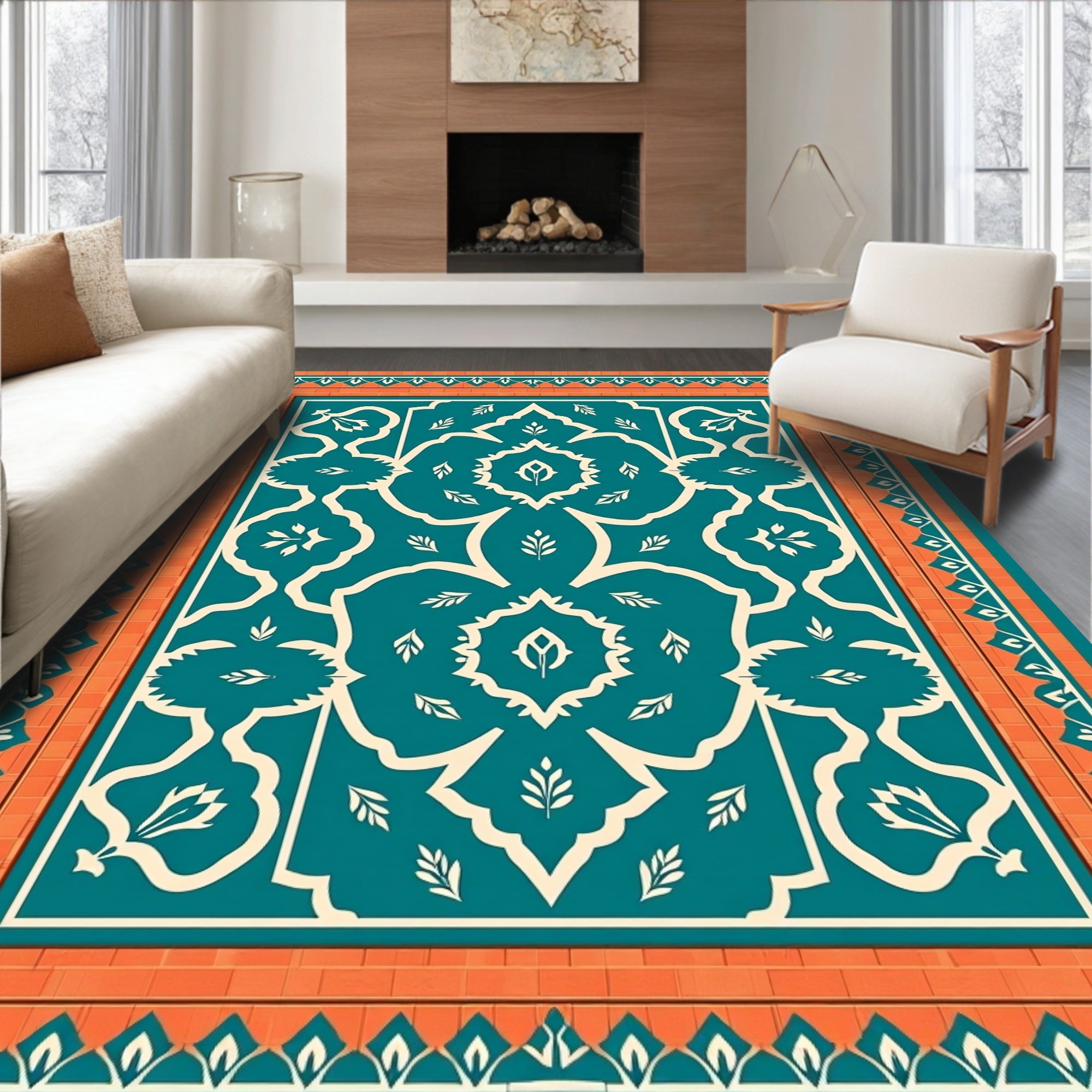 Teal Orange Floral Intricate Pattern Rug