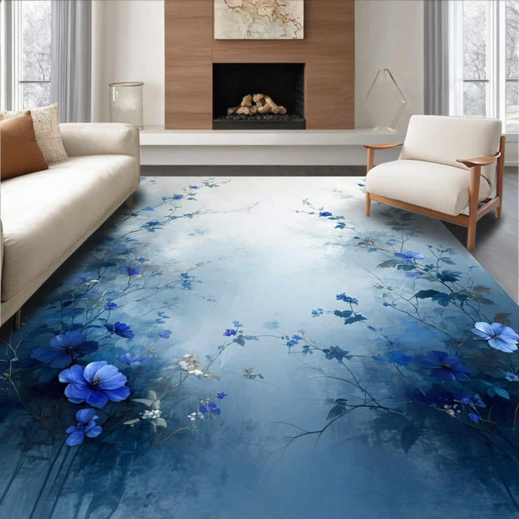 Ethereal Blue Floral Vine Patterns Rug