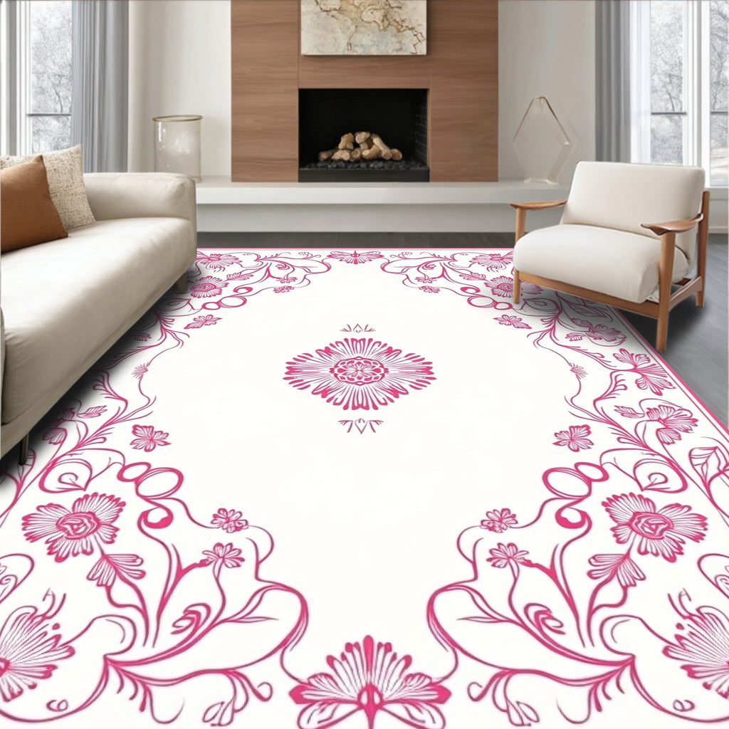Elegant Pink Floral Swirls Design Rug