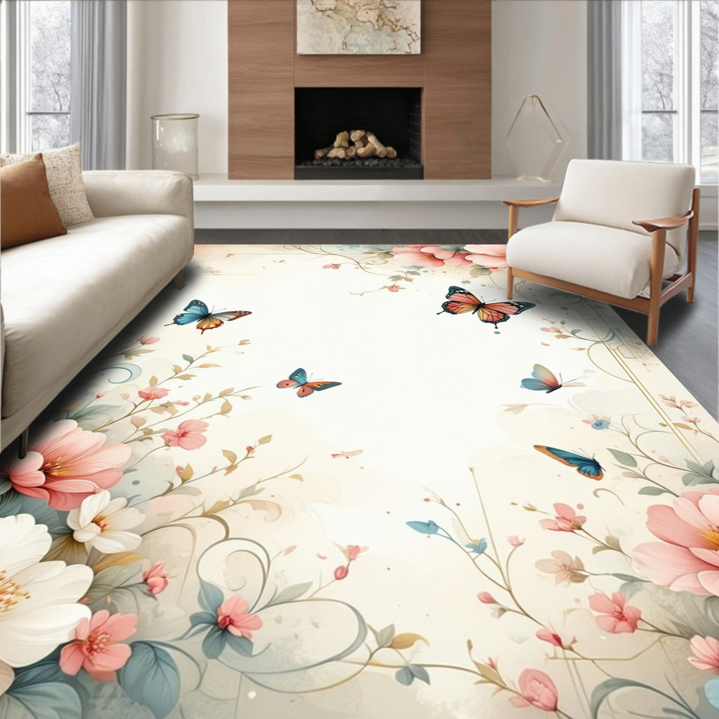 Whimsical Floral Butterfly Garden Design Rug