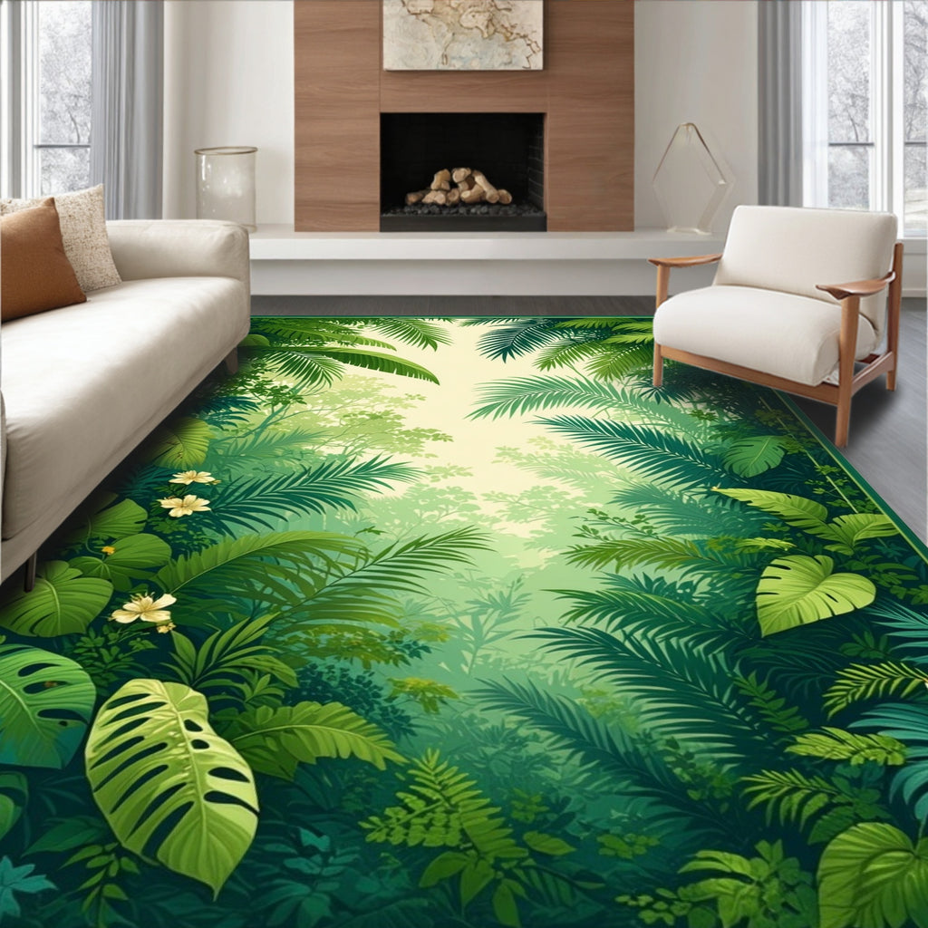 Lush Tropical Jungle Leaf Pattern Rug
