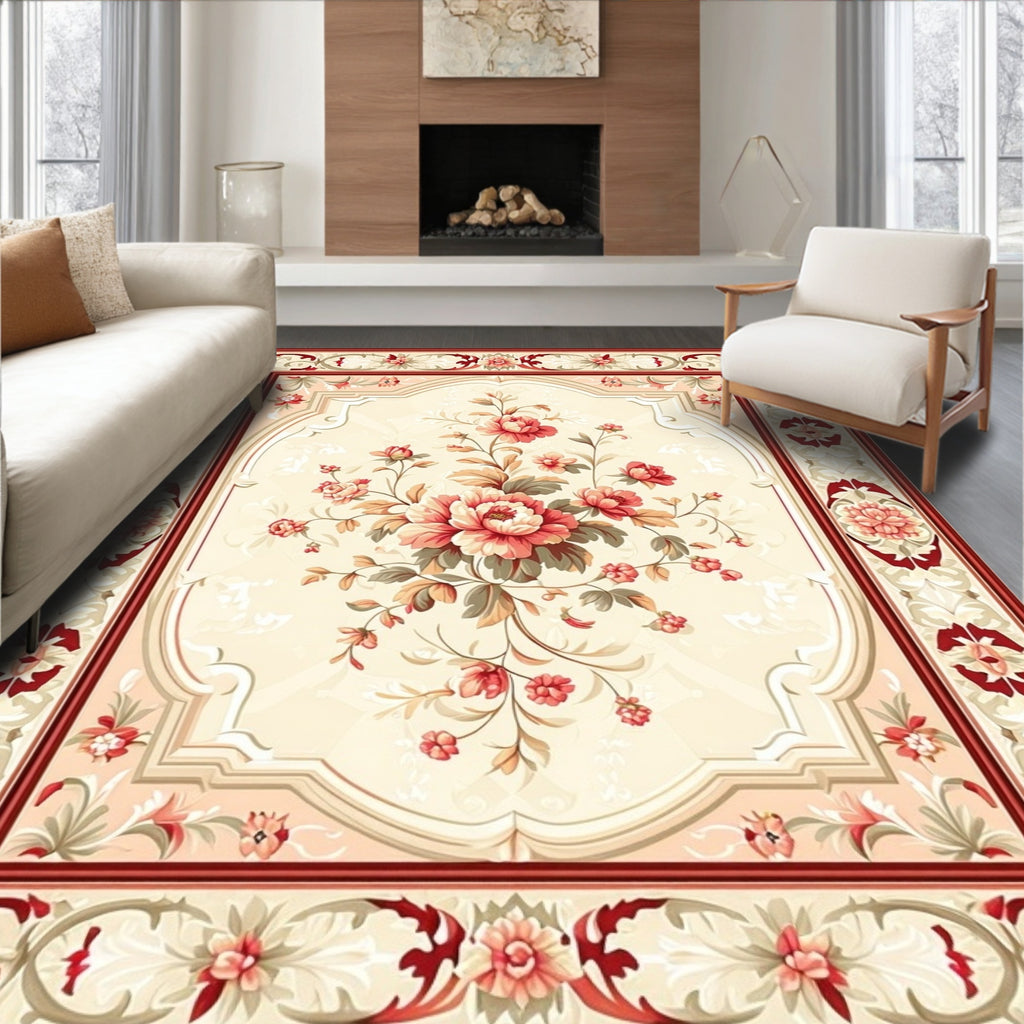 Traditional Floral Design with Red Border Rug