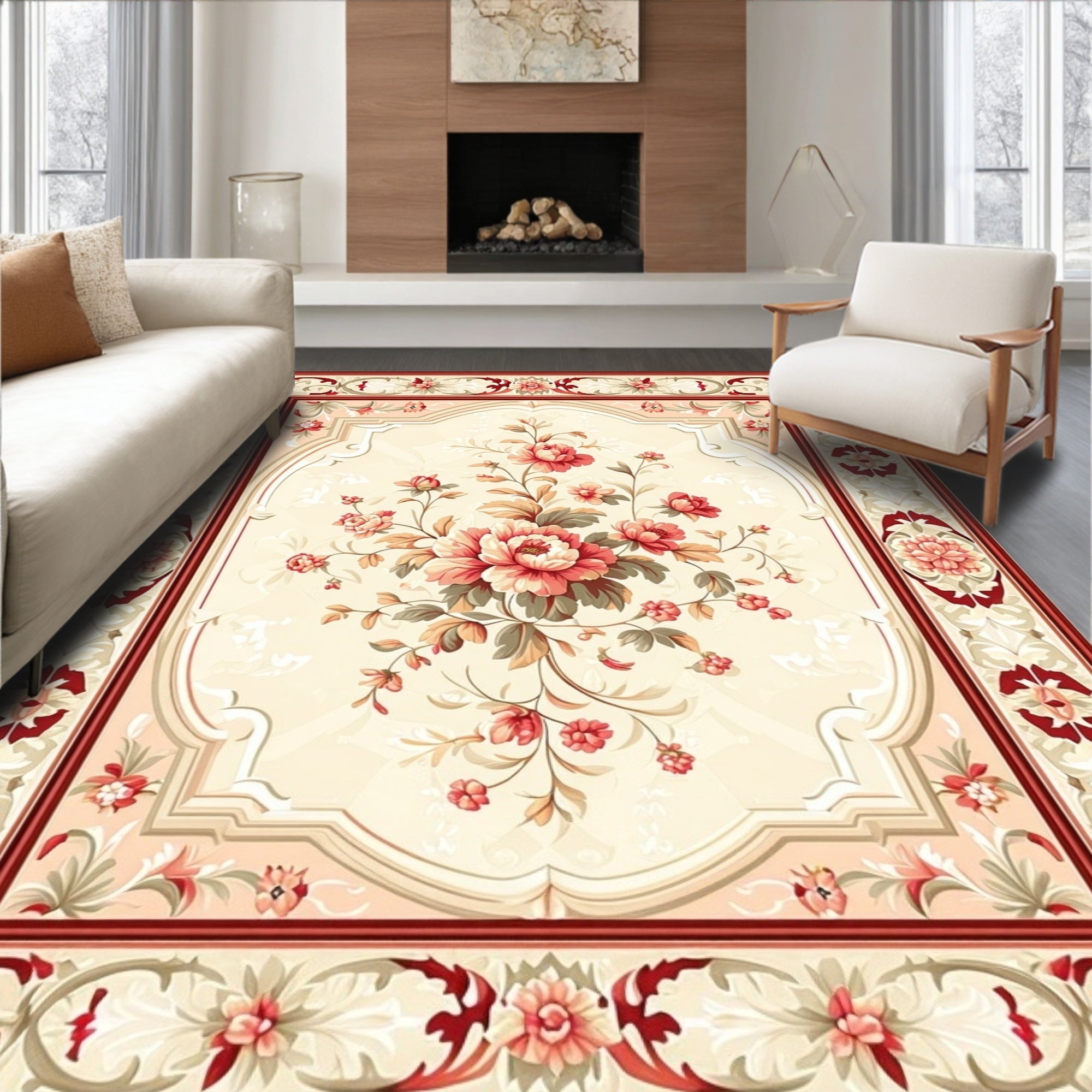 Traditional Floral Design with Red Border Rug