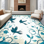 Teal Birds and Flora Scroll Design Rug