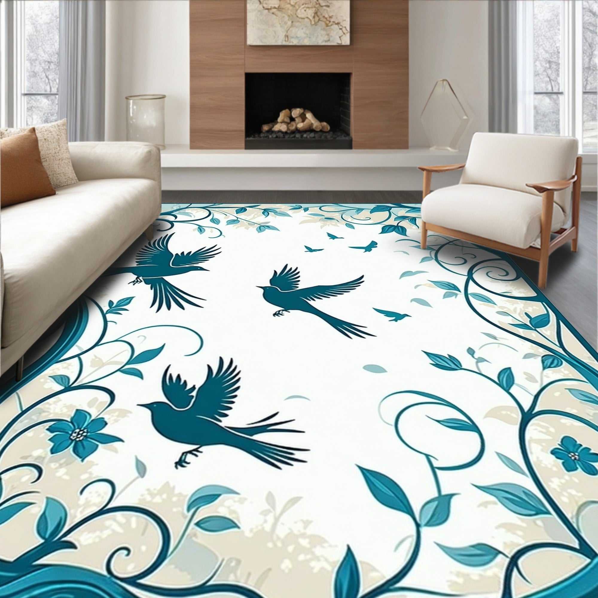 Teal Birds and Flora Scroll Design Rug