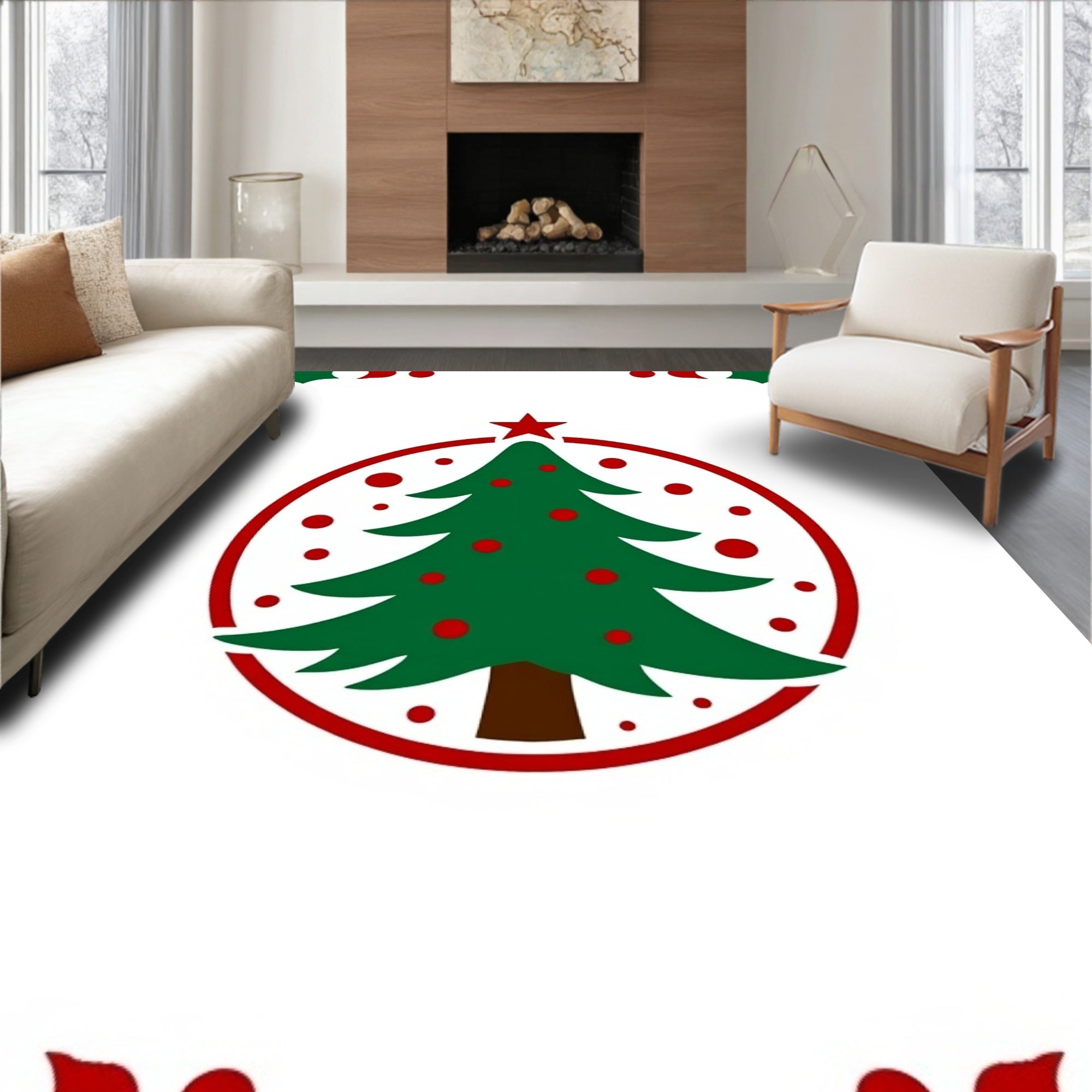 Round Festive Evergreen Holiday Tree Rug