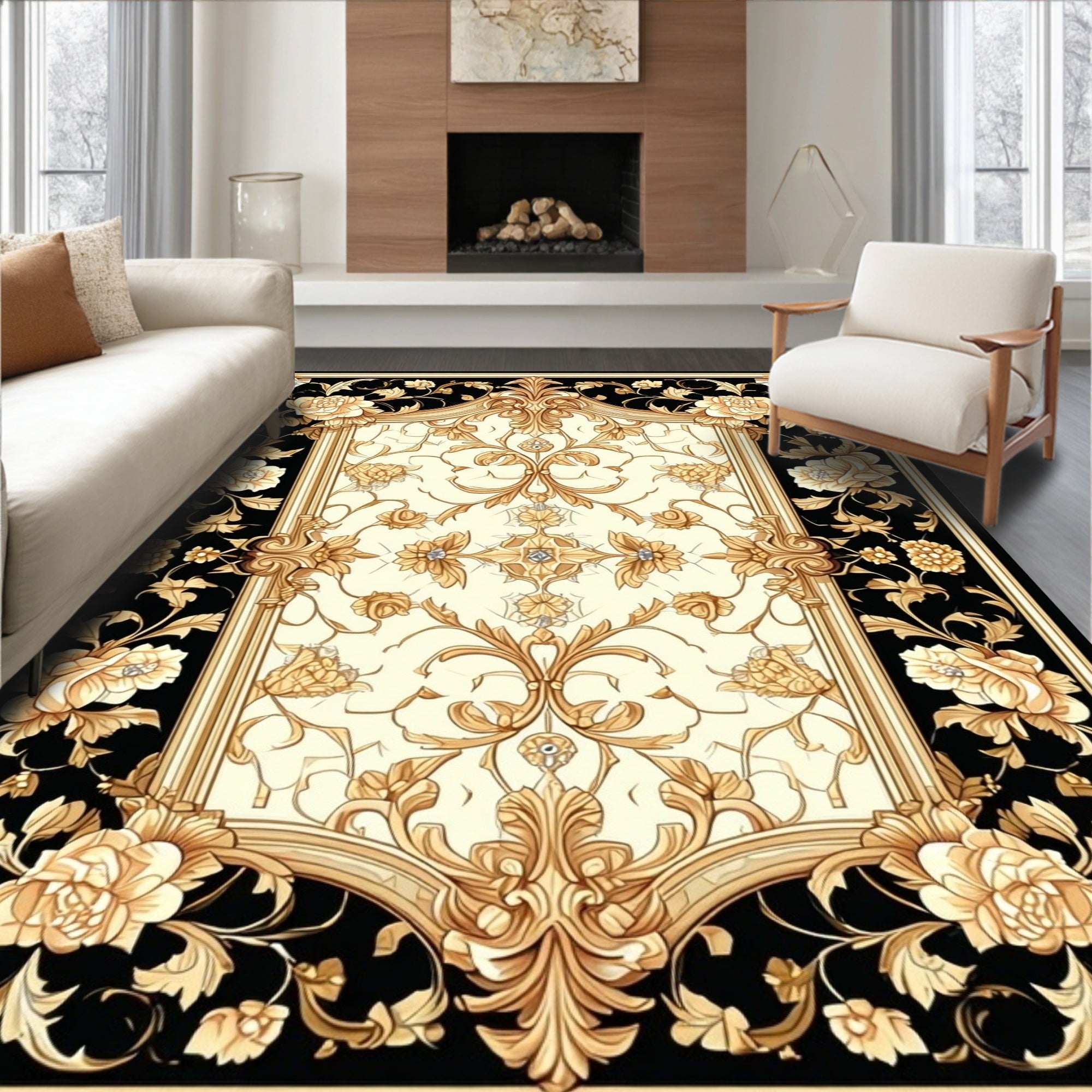 Elegant Floral Scrollwork Cream Rug