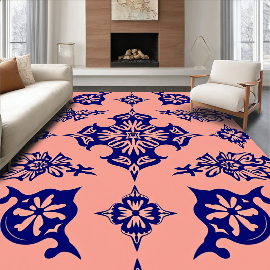 Elegant Navy Floral Symmetrical Pattern Rug