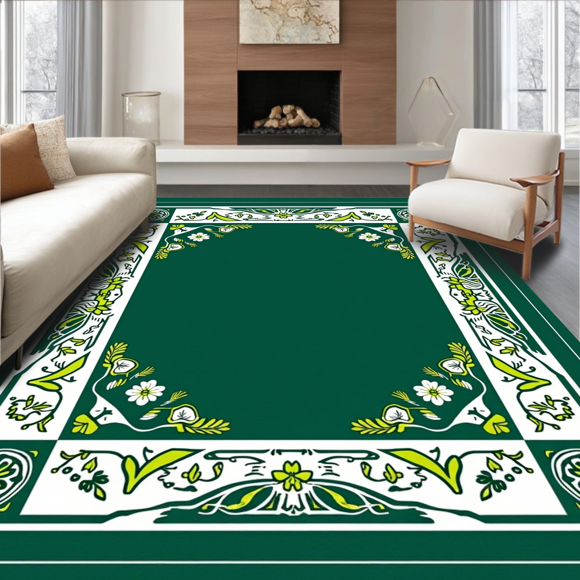 Green Floral Border Artwork Design Rug