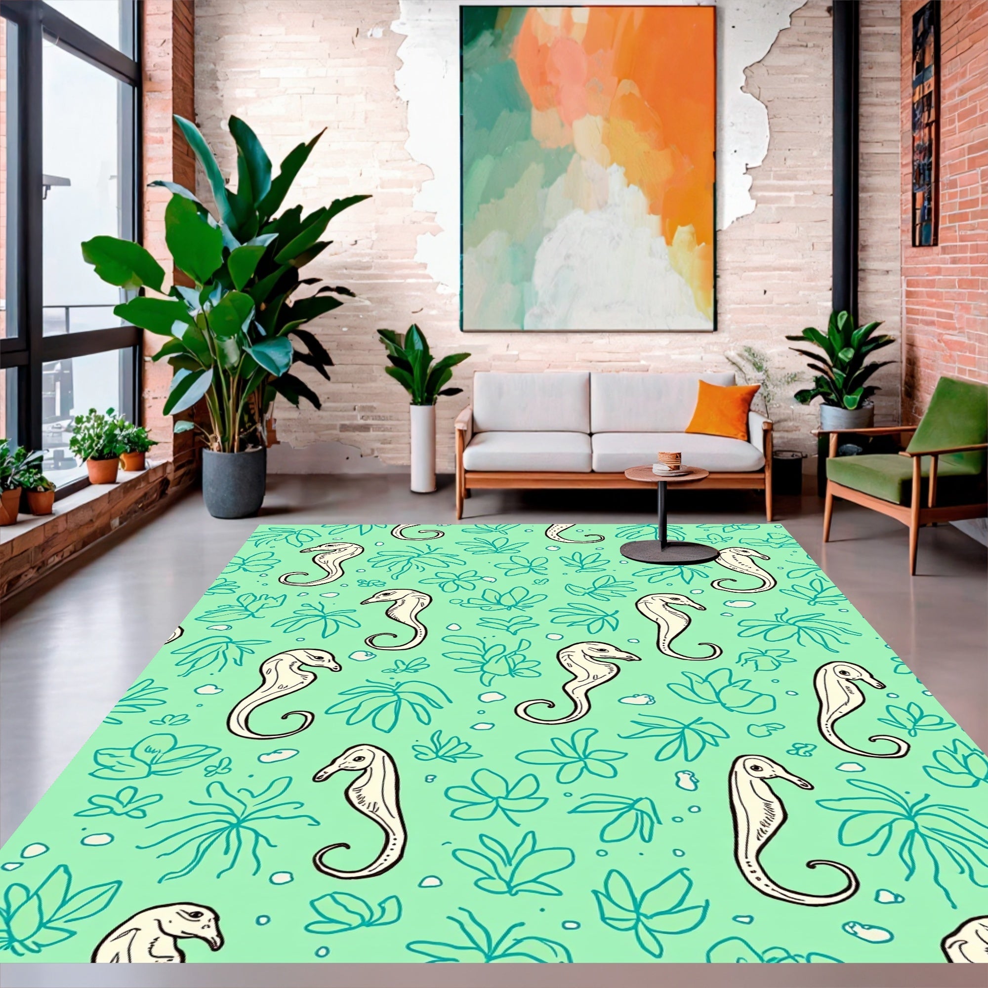 Charming Seahorse Floral Pattern Rug