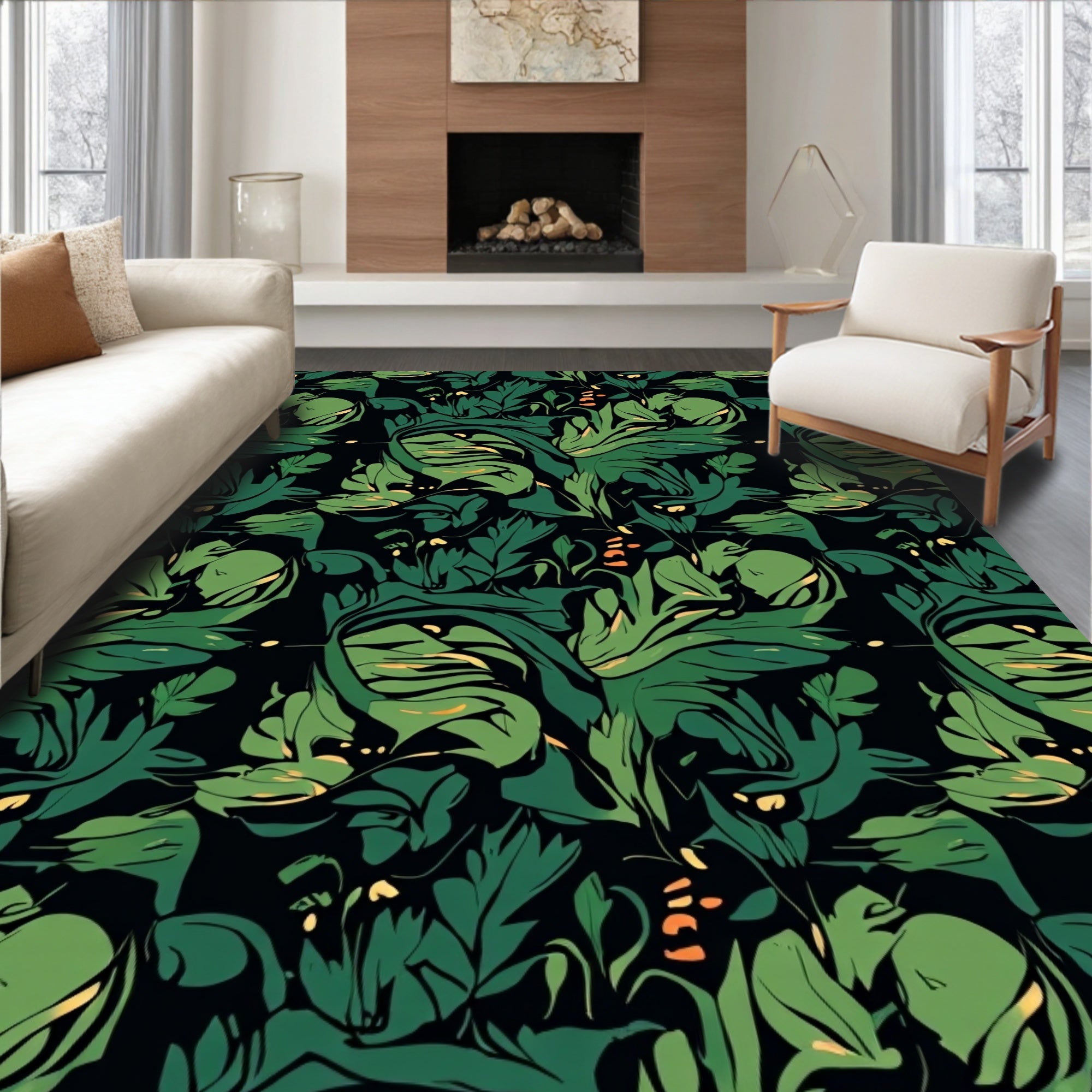 Vibrant Green Leafy Abstract Design Rug