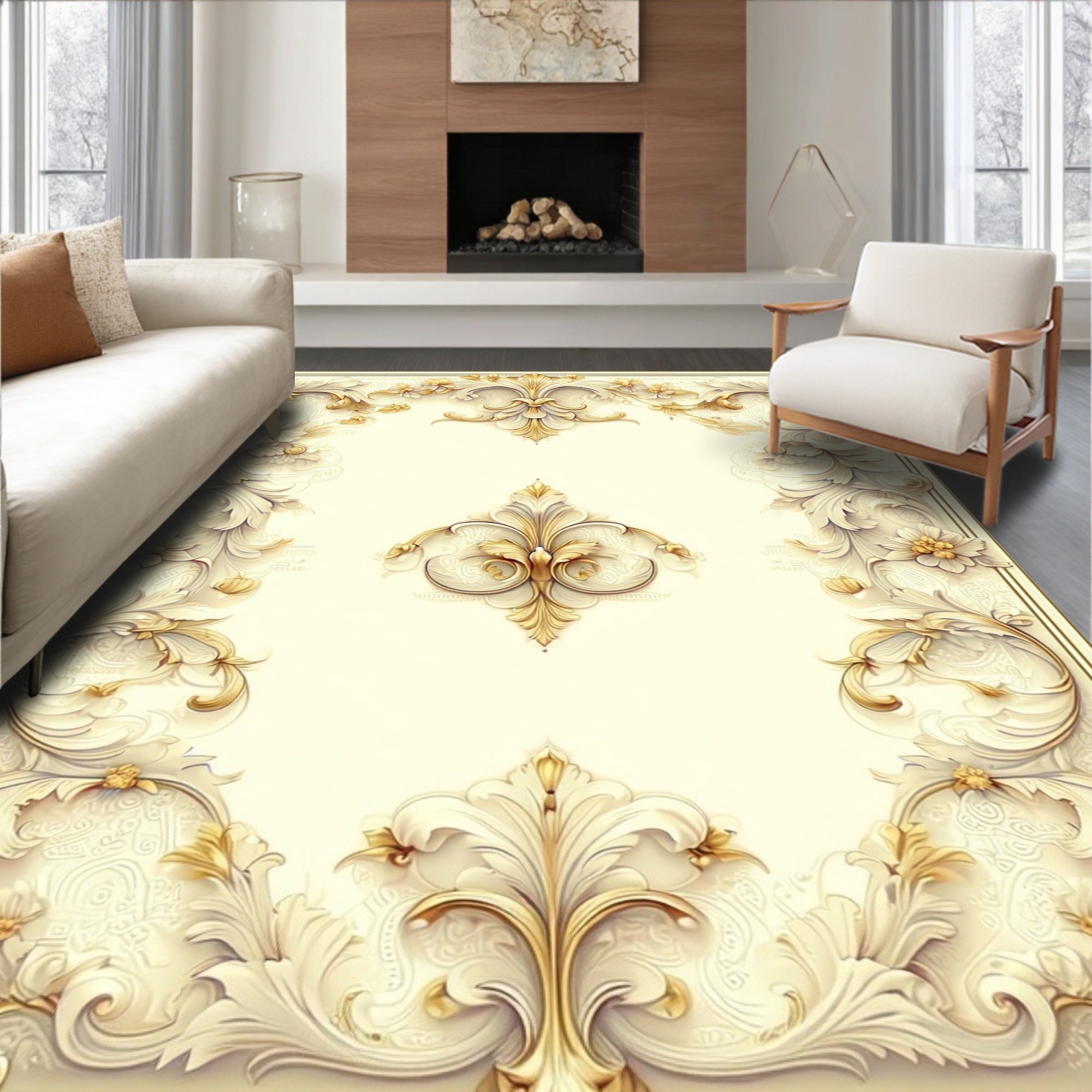 Ornate Gold Ivory Floral Scroll Rug