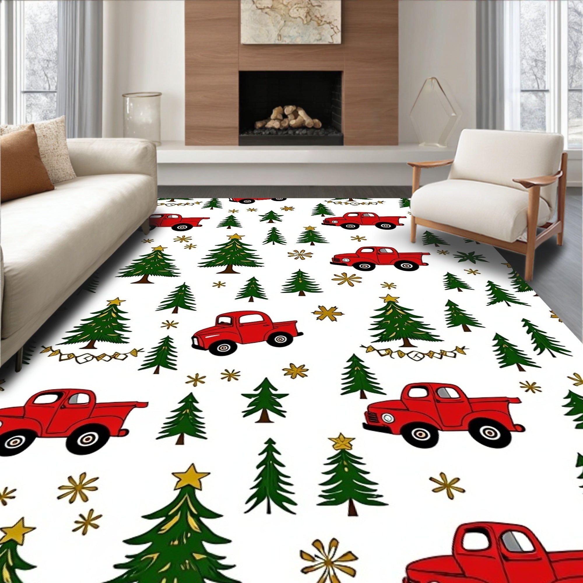 Red Trucks And Evergreen Trees Rug