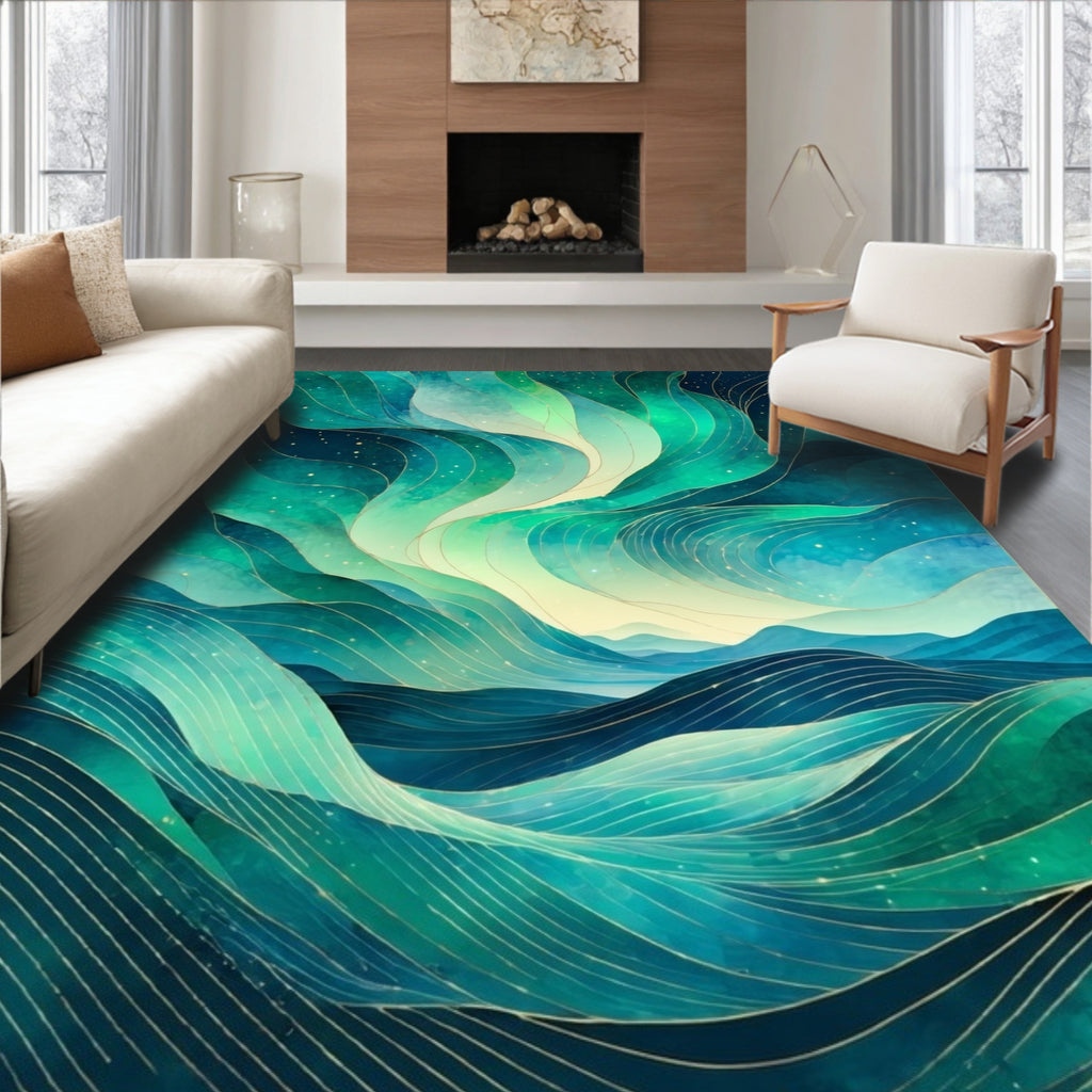 Abstract Teal Wavy Geometric Lines Rug