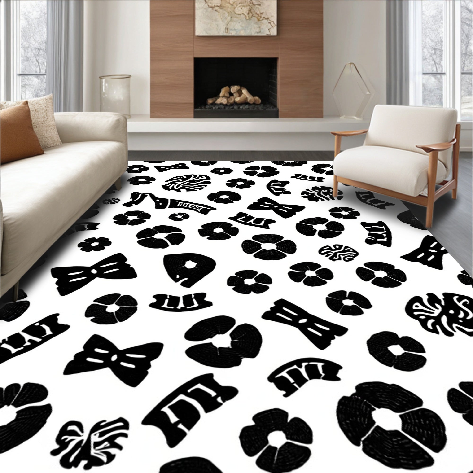 Black White Abstract Floral Bow Pattern Rug
