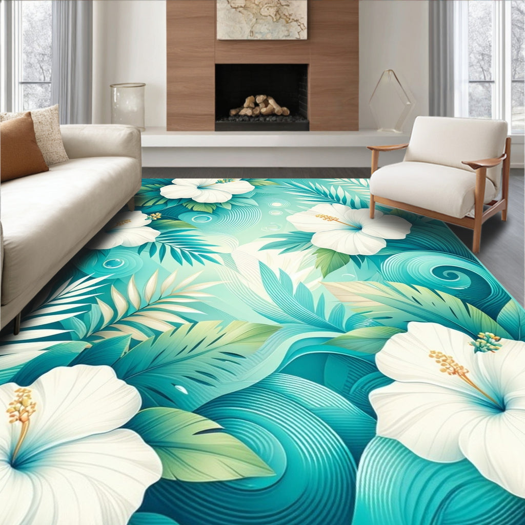 White Hibiscus Tropical Leaves Pattern Rug