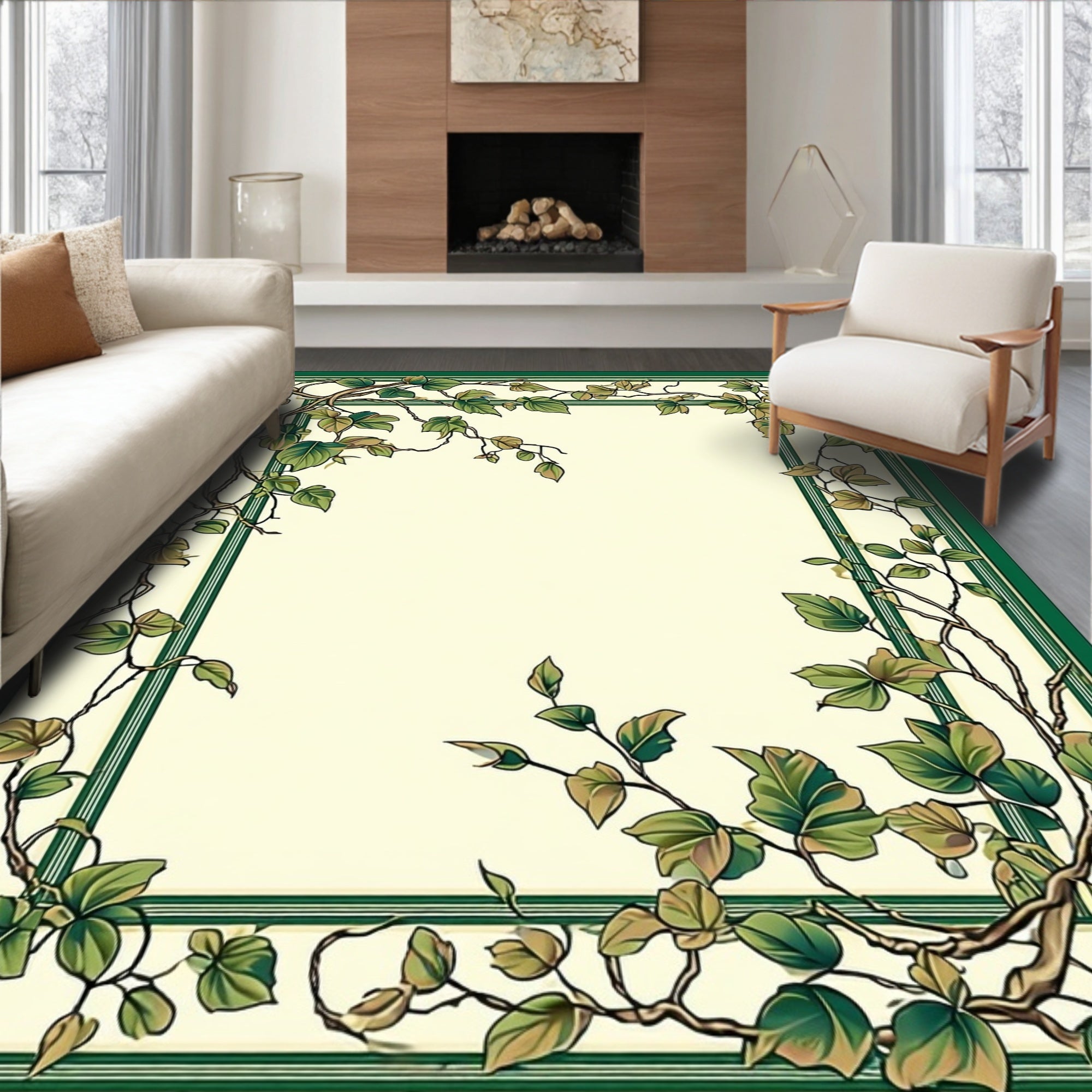 Vine Leaf Patterned Green Border Rug