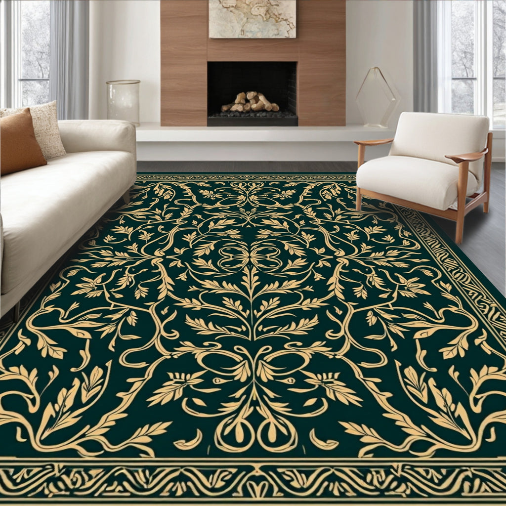 Ornate Golden Floral Garden Pattern Rug