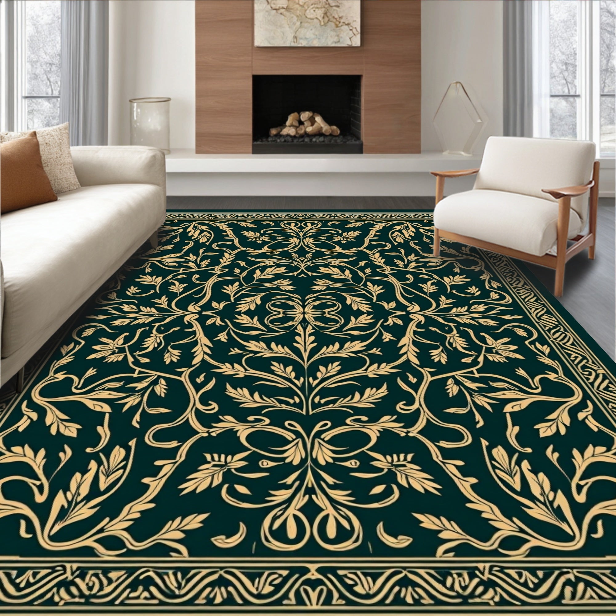 Ornate Golden Floral Garden Pattern Rug