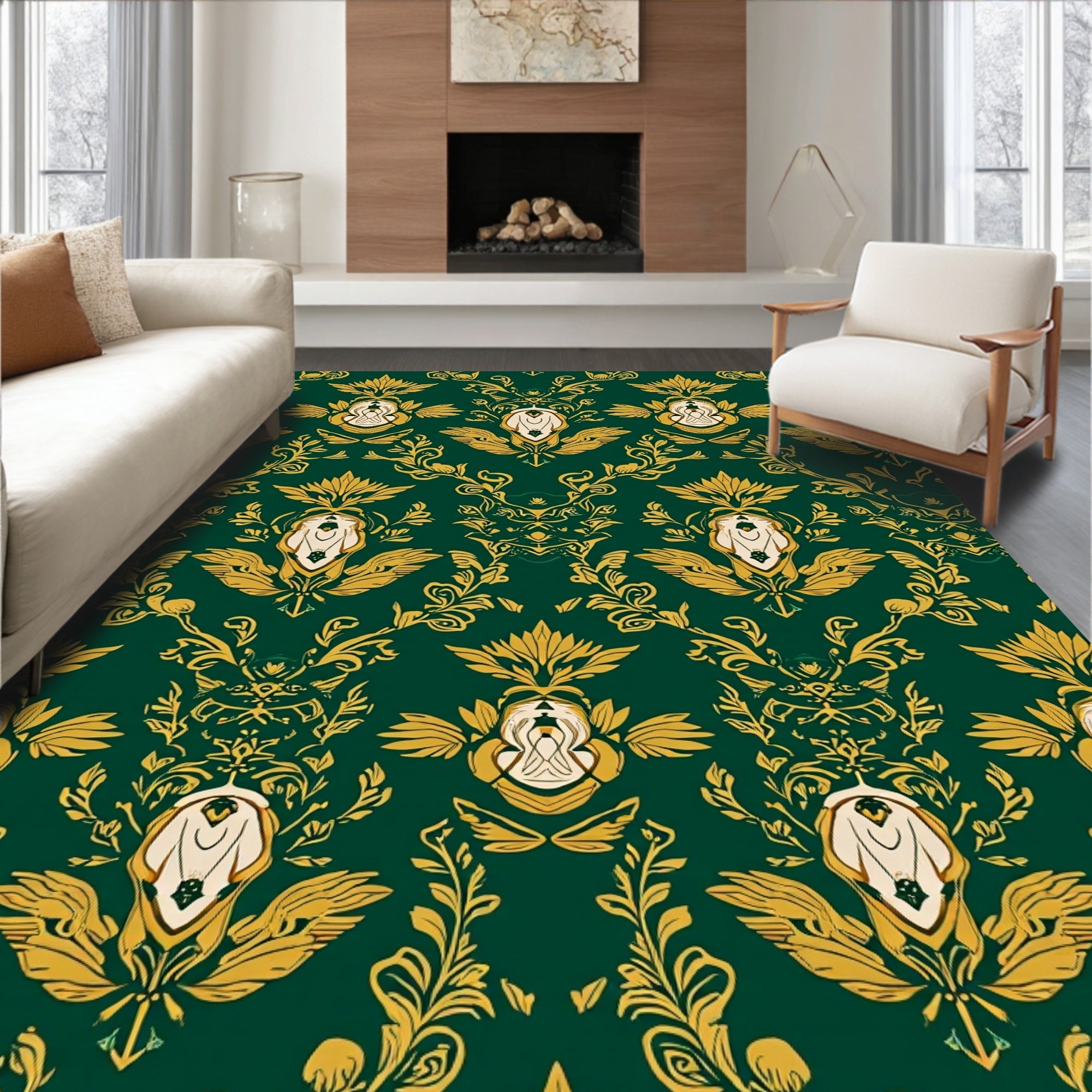 Elaborate Gold Green Damask Pattern Rug