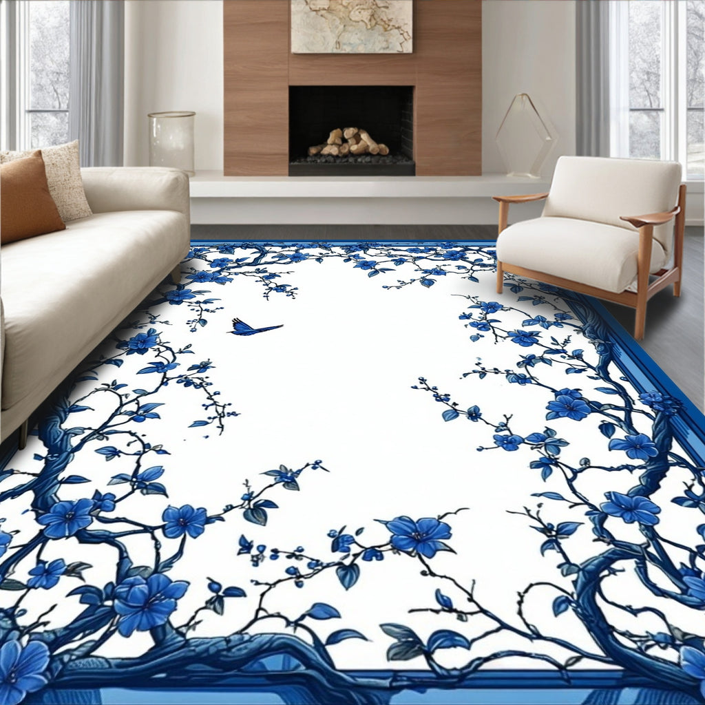 Blue Floral Branch With Bird Design Rug